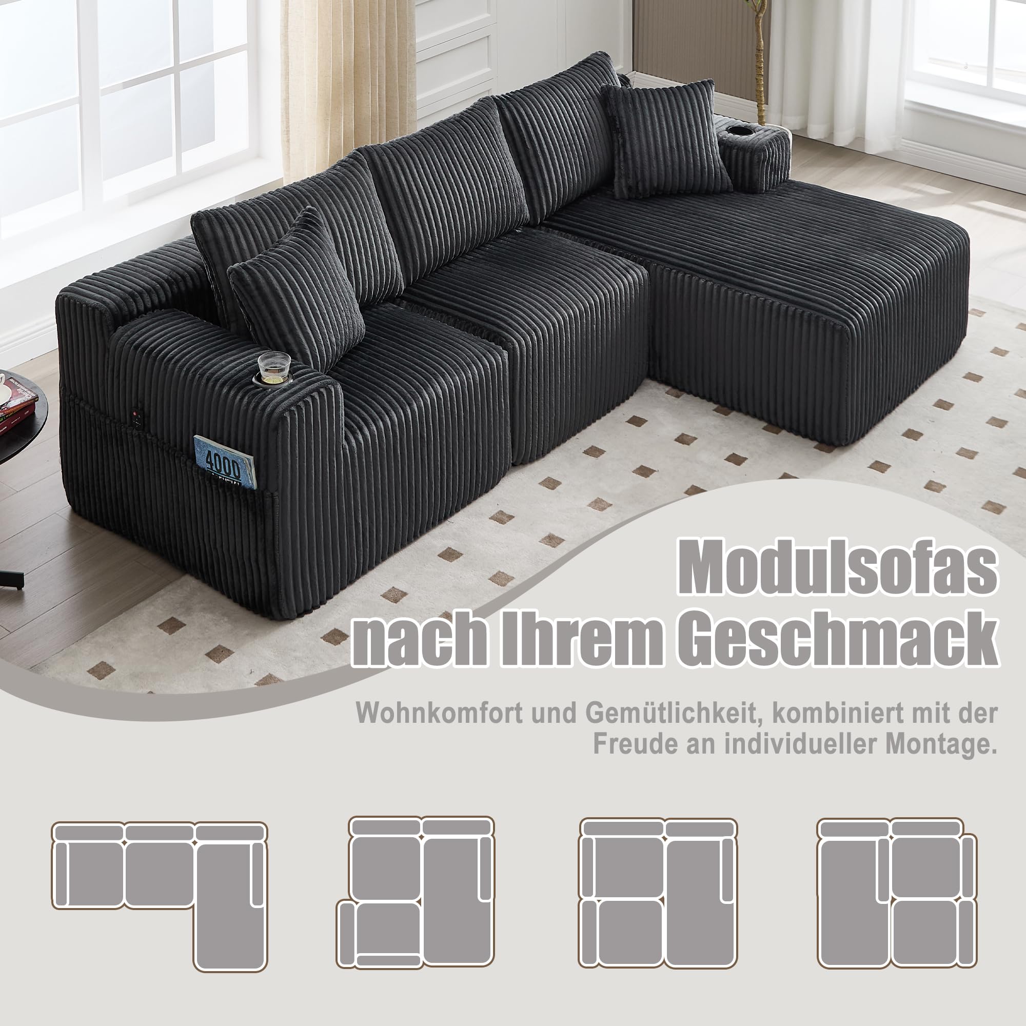 Ball & Cast L-förmiges Eckcouch mit Schlaffunktion, 3-Sitzer Sofa mit 2 Getränkehalter aus Cordbezug für das Wohnzimmer Wohnung Studio, 257 x 62 x 160 (BxHxT), Grau