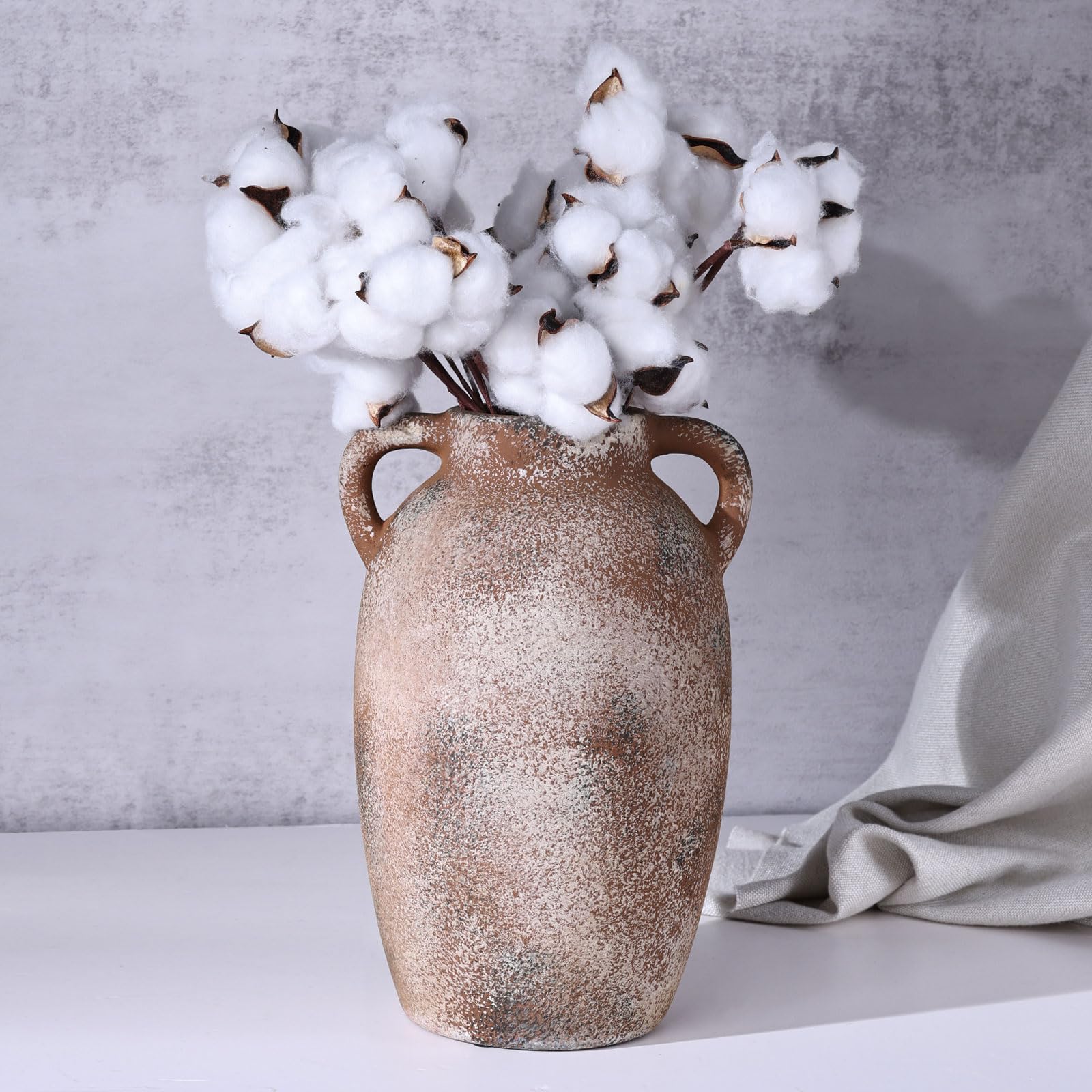 Jarrón Rústico de Cerámica con 2 Asas, Florero Marrón de Terracota, Jarrón Decorativo de Barro para Decoración del Hogar, Mesa, Boda, Sala de Estar y Estantería