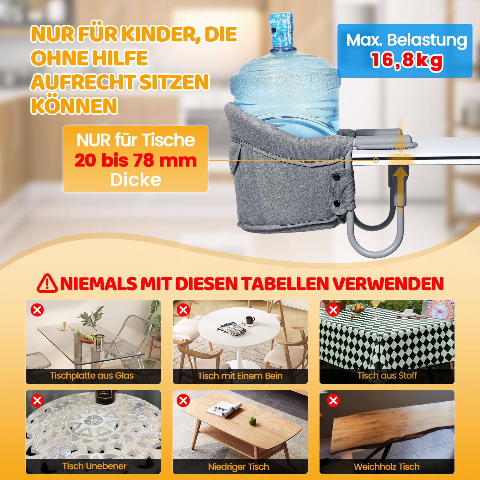 Orzbow Tischsitz Baby mit 5-Punkt-Sicherheitsgurt,Wasserdicht Tischsitz Faltbar Babysitz mit Schultergurt-Polstermatten,Hinterlasse Keine Spuren,Waschmaschinenfest,Ideal für zu Hause und Unterwegs