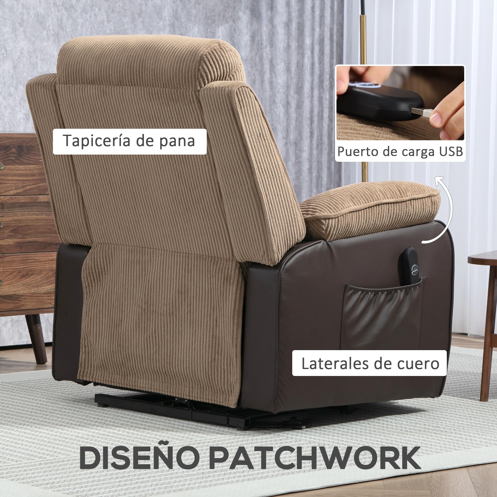 HOMCOM Sillón Relax Reclinable Eléctrico Levanta Personas, Sillón Elevador, con Puerto USB, Control Remoto, Reposapiés, Tapizado en Pana, Bolsillos Laterales, Marrón
