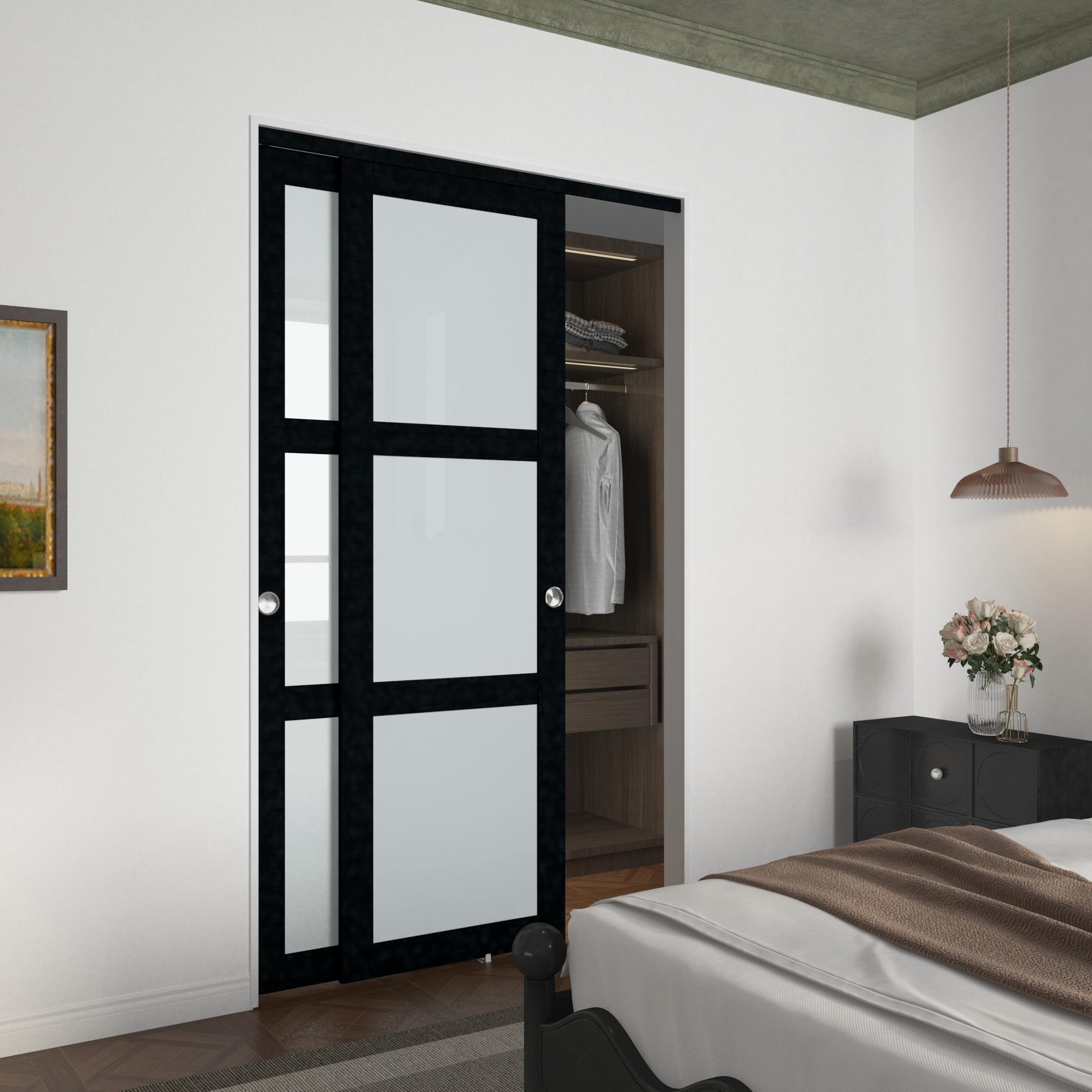 Photo 1 of BARNSMITH 48x80" Sliding Closet Door, 3-Panels Preassembled Frosted Glass Door Panel with Hardware Kits & Matching Fascia, MDF Covered with Water-Proof & Anti-Scratch PVC Surface, Black