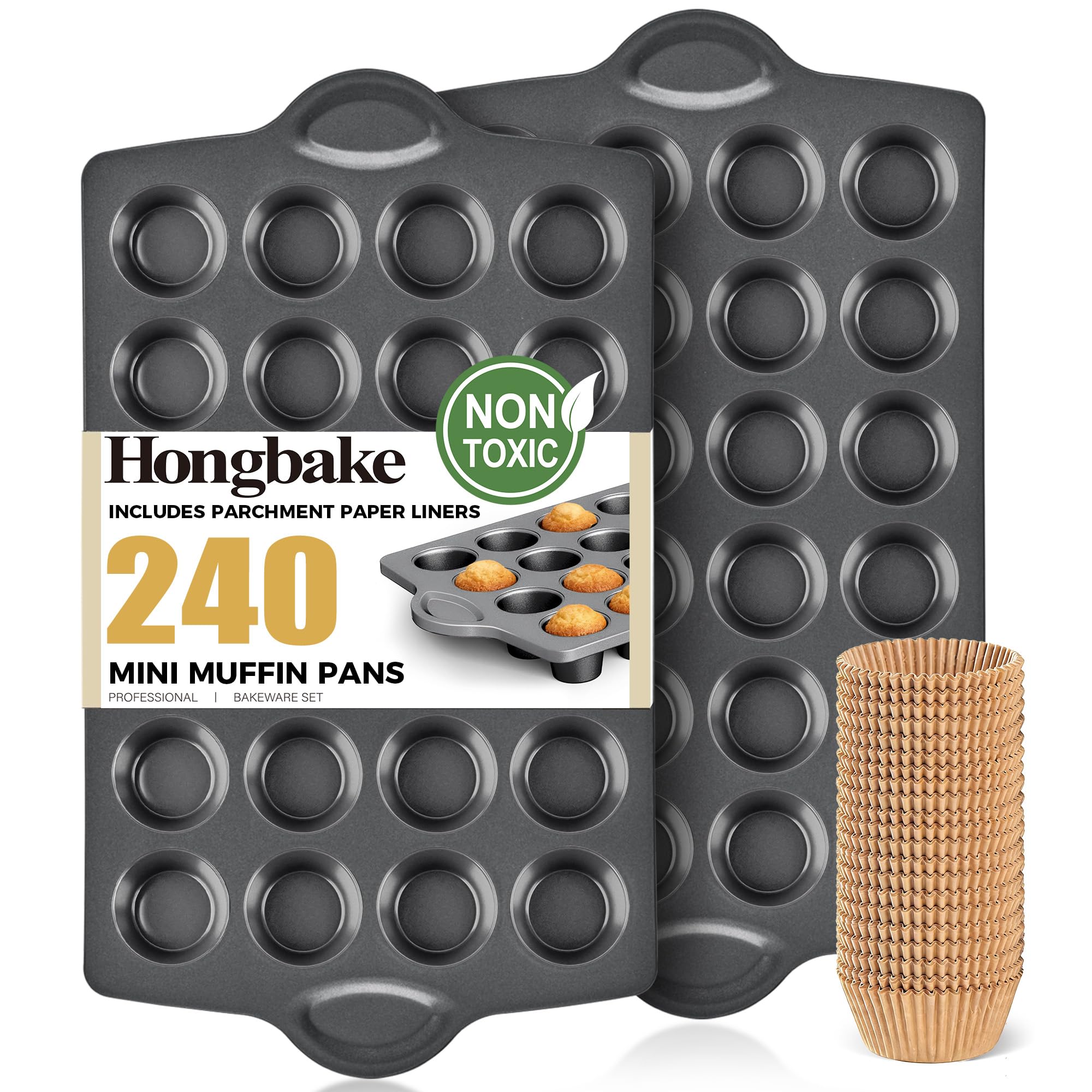 HONGBAKE mini muffin pan nonstick 24, Cupcake Tin for Baking, Commercial Small Cup Cake Tray for Cheesecake, 1.8dia, Heavy-duty, Gray