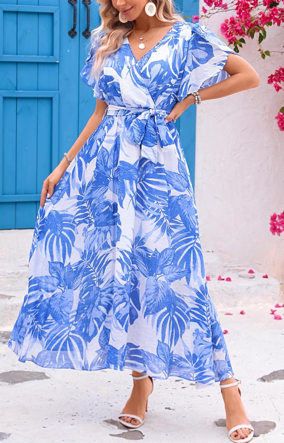 Kormei Women Wrap V Neck Boho Floral A Line Flowy Casual Short Sleeve Belted Wedding Guest Party Maxi Long Dress - Image 3