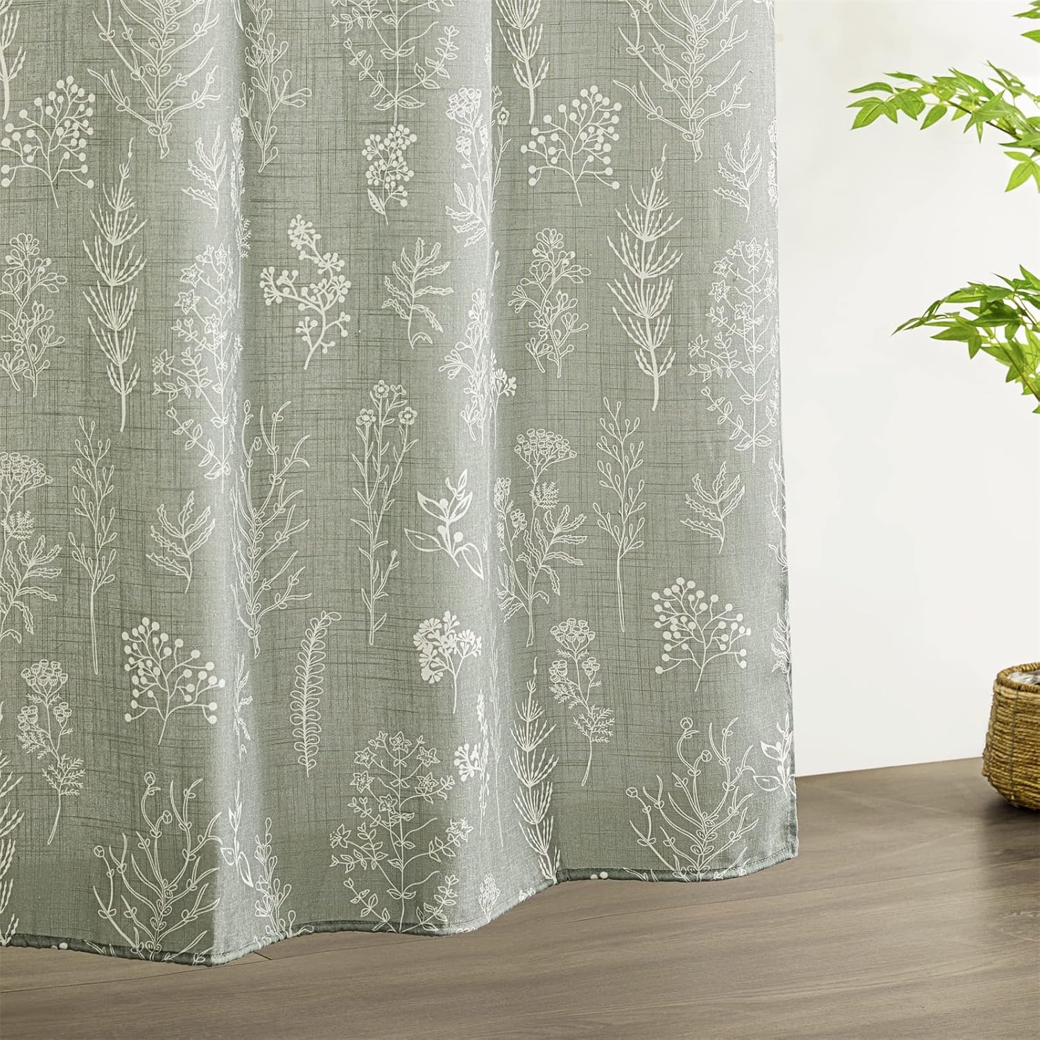 Estmy Green Botanical Linen Shower Curtain for Bathroom, Spring Summer Themed Hand-Drawn Boho Floral Plants Leaves Textured Fabric Shower Curtain Set Modern Farmhosue Vintage Bathroom Decor
