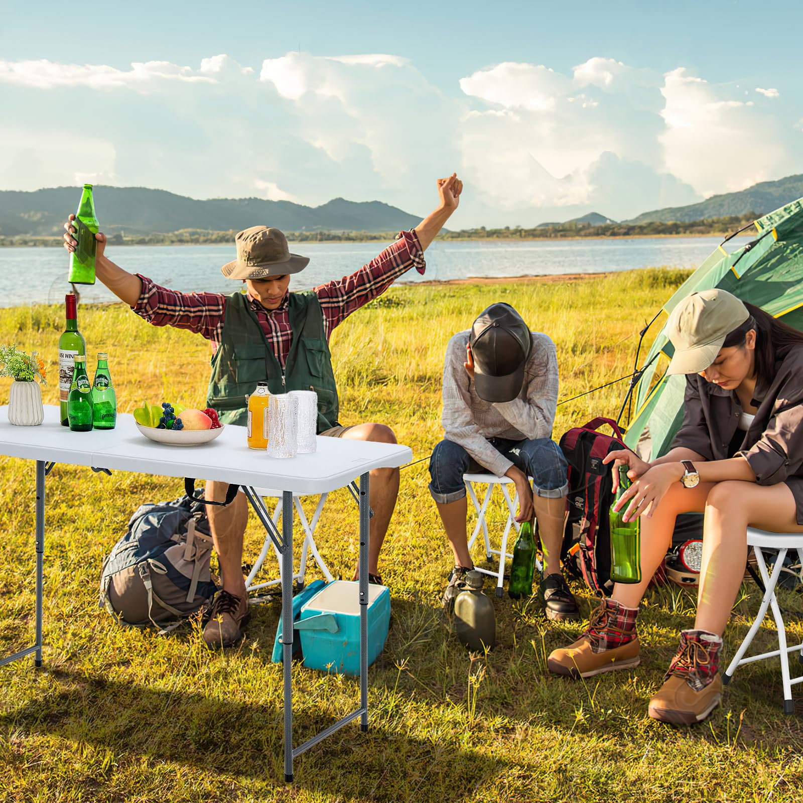 Goplus Folding Stool, 4 Pack 18 inch Foldable Camping Stool for Adults with 440 lb Capacity, Portable Plastic Fold up Stool, Collapsible Round Stool with Handle for Fishing Hiking Gardening BBQ, White