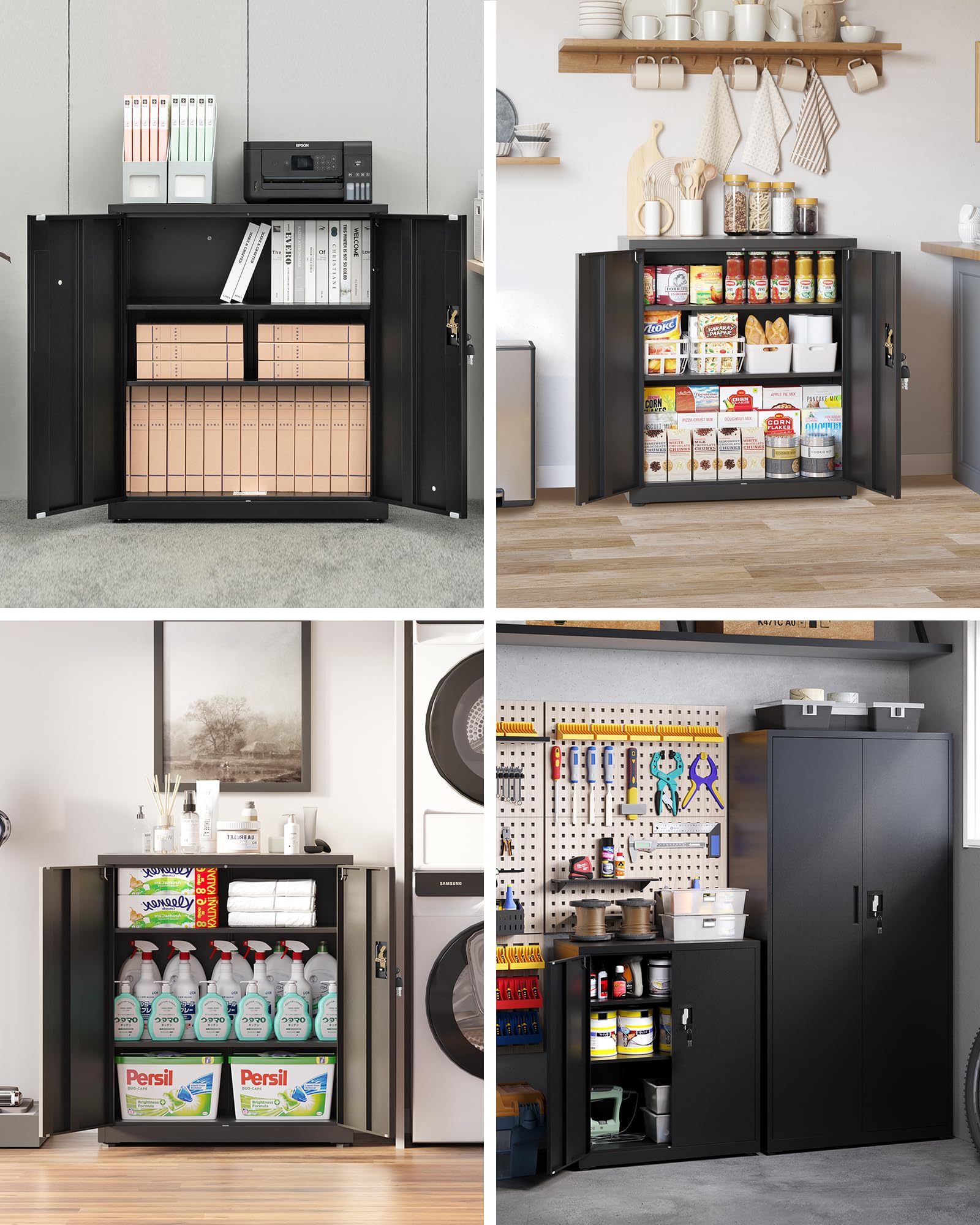 LAND·VOI Armadio in Acciaio 3 Ripiani con Serratura Ripiani Regolabili Ante a Doppia Porta Armadio per Ufficio Mobile in Metallo per Ufficio Garage Cucina Officina 80×40×91.5 cm Nero