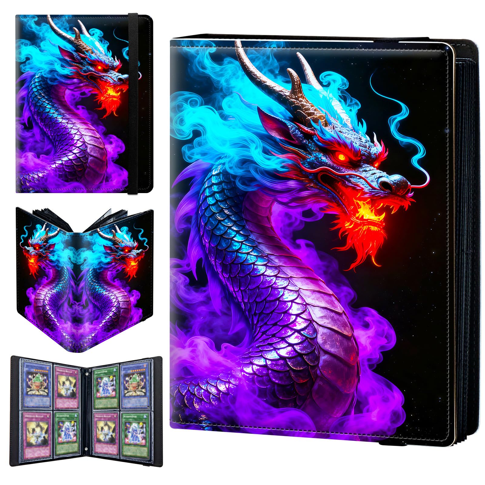 4 Pocket Trading Card Binder 160 Side Loading Pocket Album with Blue Purple Dragon Pattern Design Card Binder for Sports Cards & Game Cards