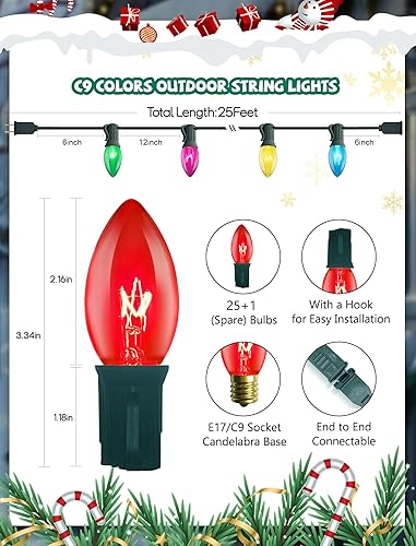 Miniatura 2 de Luces de Navidad C9 multicolor, 7.62 metros de cadena de luces transparentes multicolor con 26 bombillas de vidrio transparente (1 de repuesto),