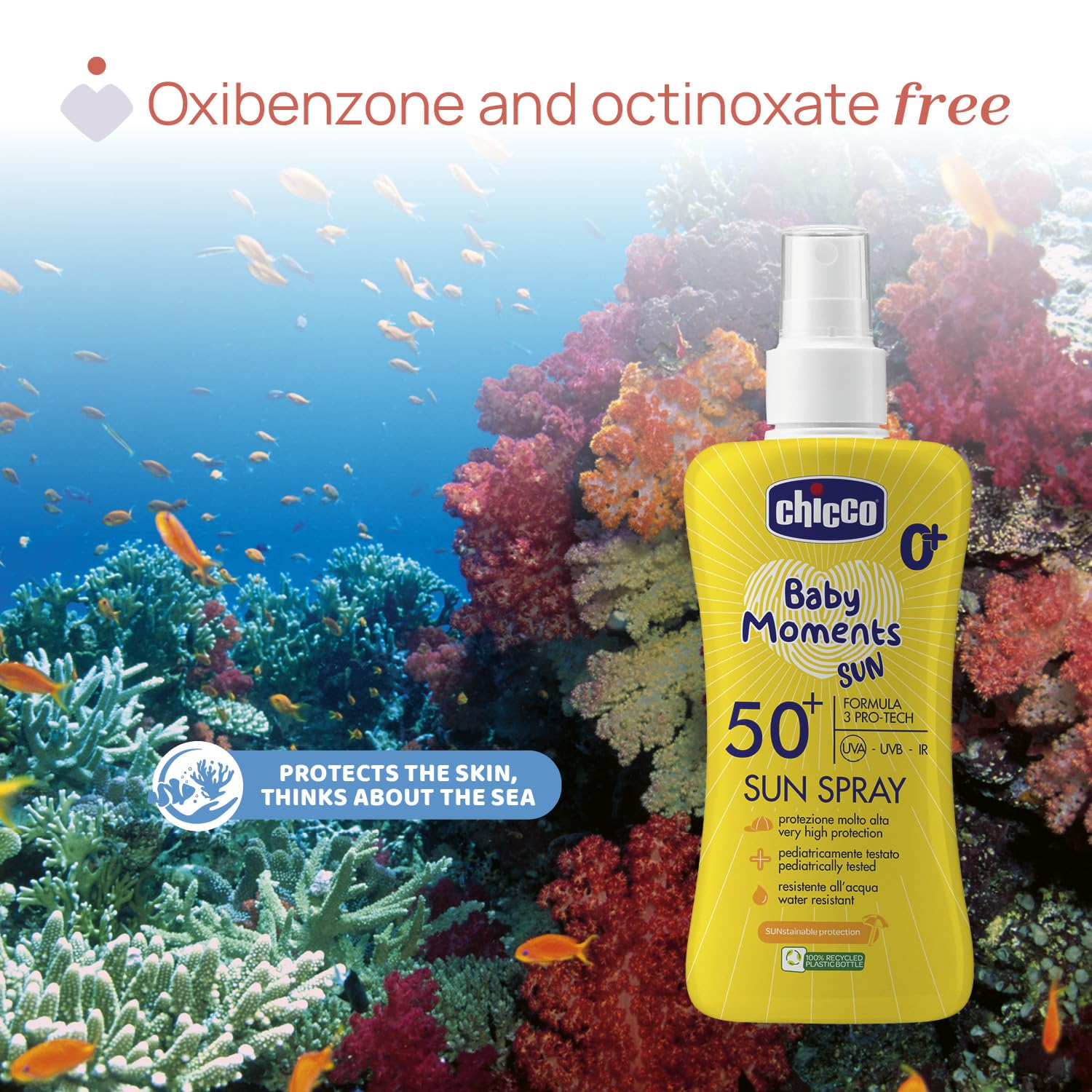 Chicco Spray Lait SPF 50+ Spray Solaire Excellente Protection Peau Sensible de Bébé Protège des Rayons Solaires Léger et Imperméable Hydratant 150ml