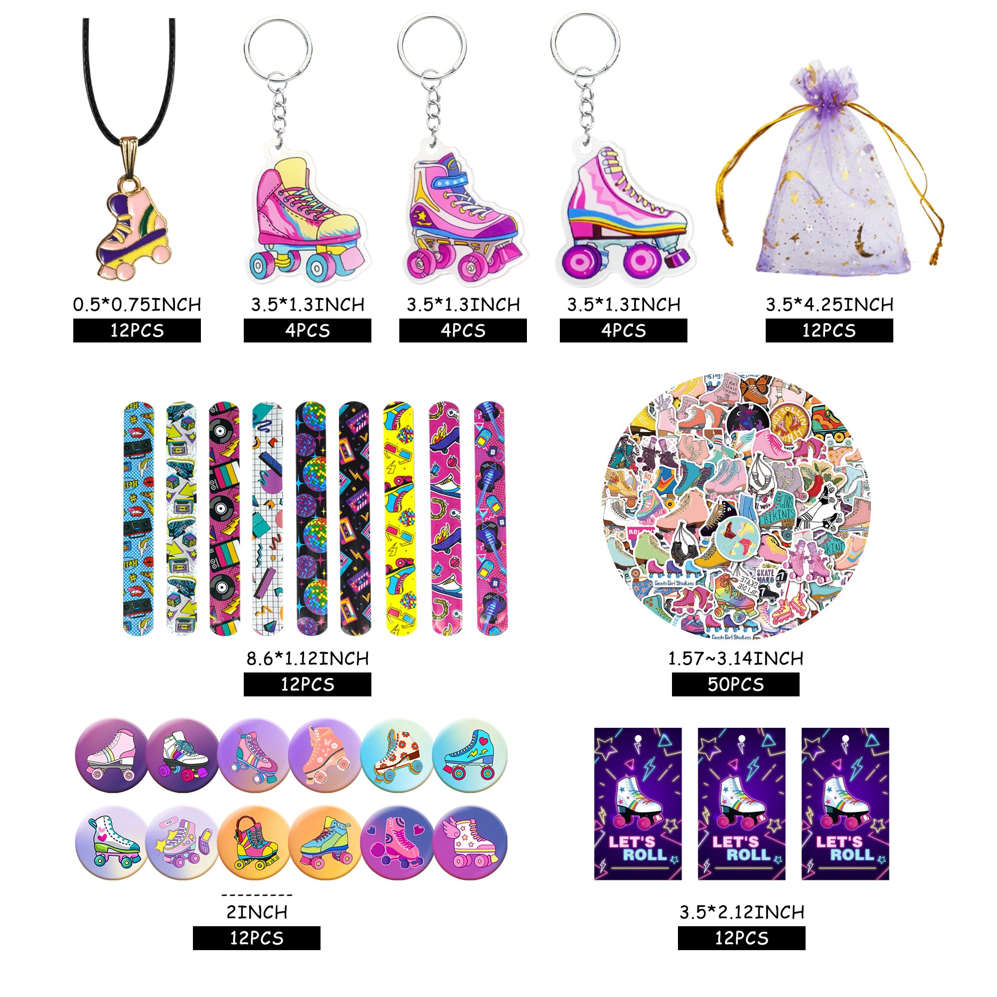 122 PCS Roller Skate Party Favors Skating Party Supplies with Key Chains Button Pins Stickers Rubber Bracelets for Hip Hop Disco 80s 90s Themed Party (style 2)