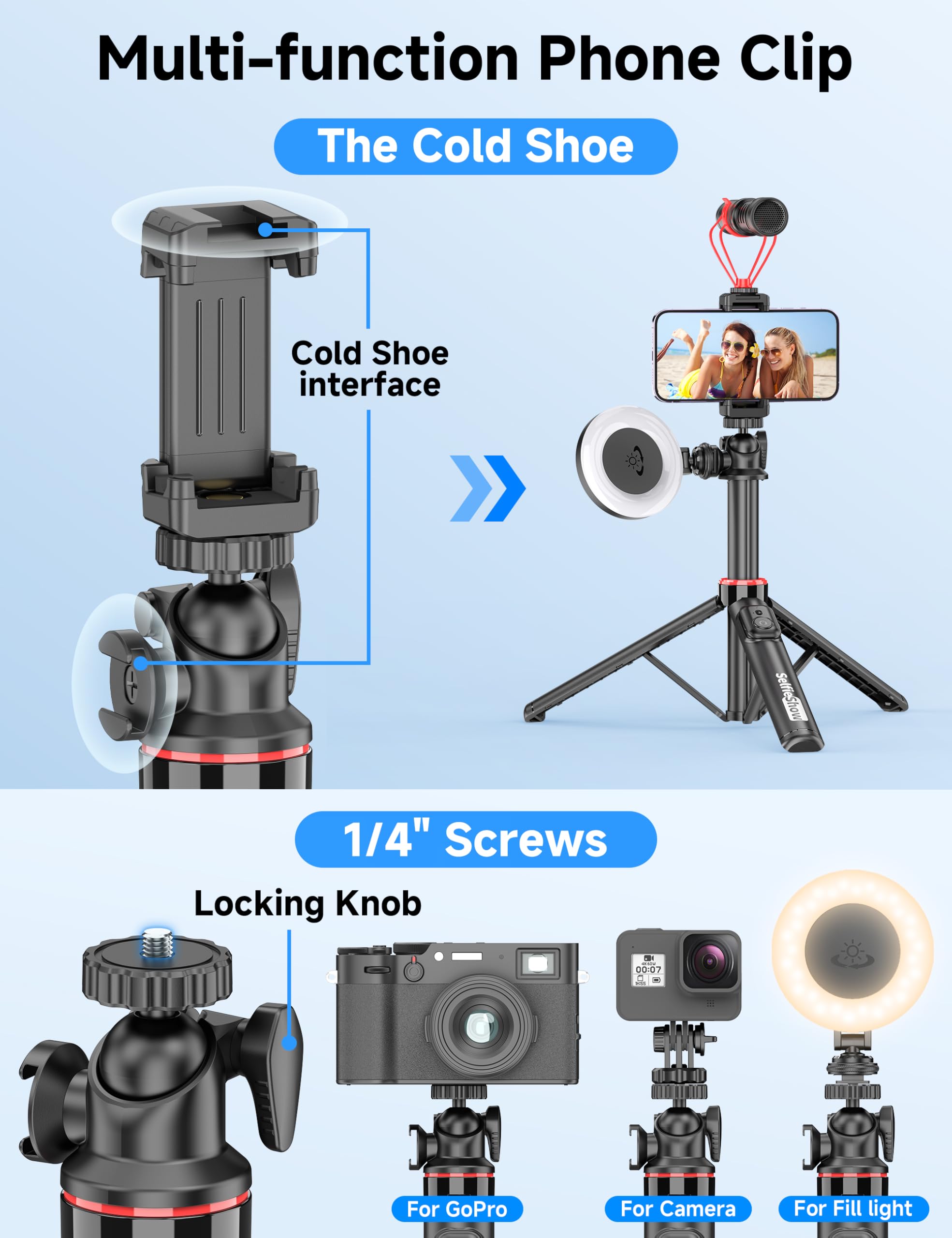 Aluminiowy statyw do selfie, statyw do selfie z pilotem i głowicą kulową 360°, rozkładany statyw do smartfona 4 w 1 z zimną stopką, lekki statyw podróżny kompatybilny z iPhone 16/15/14/Android