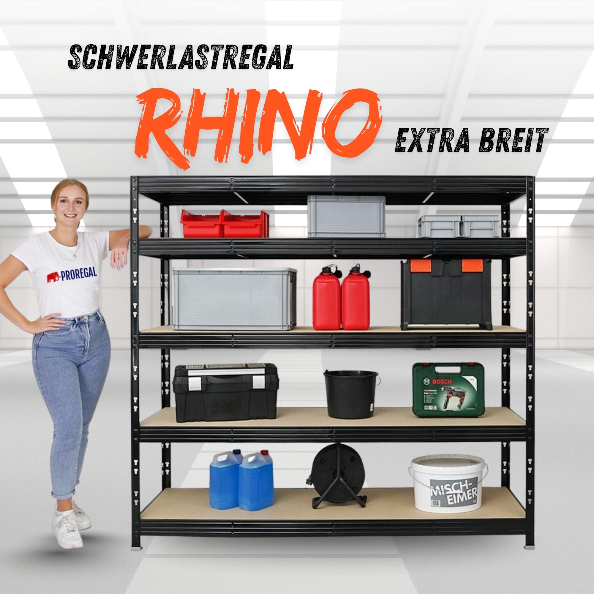PROREGAL Profi Schwerlastregal Rhino EXTRA BREIT schwarz HxBxT 180x200x60cm Fachlast 500kg 5X Spanplatten-Ebenen 8mm Garagenregal, Lagerregal, Steckregal, Weitspannregal