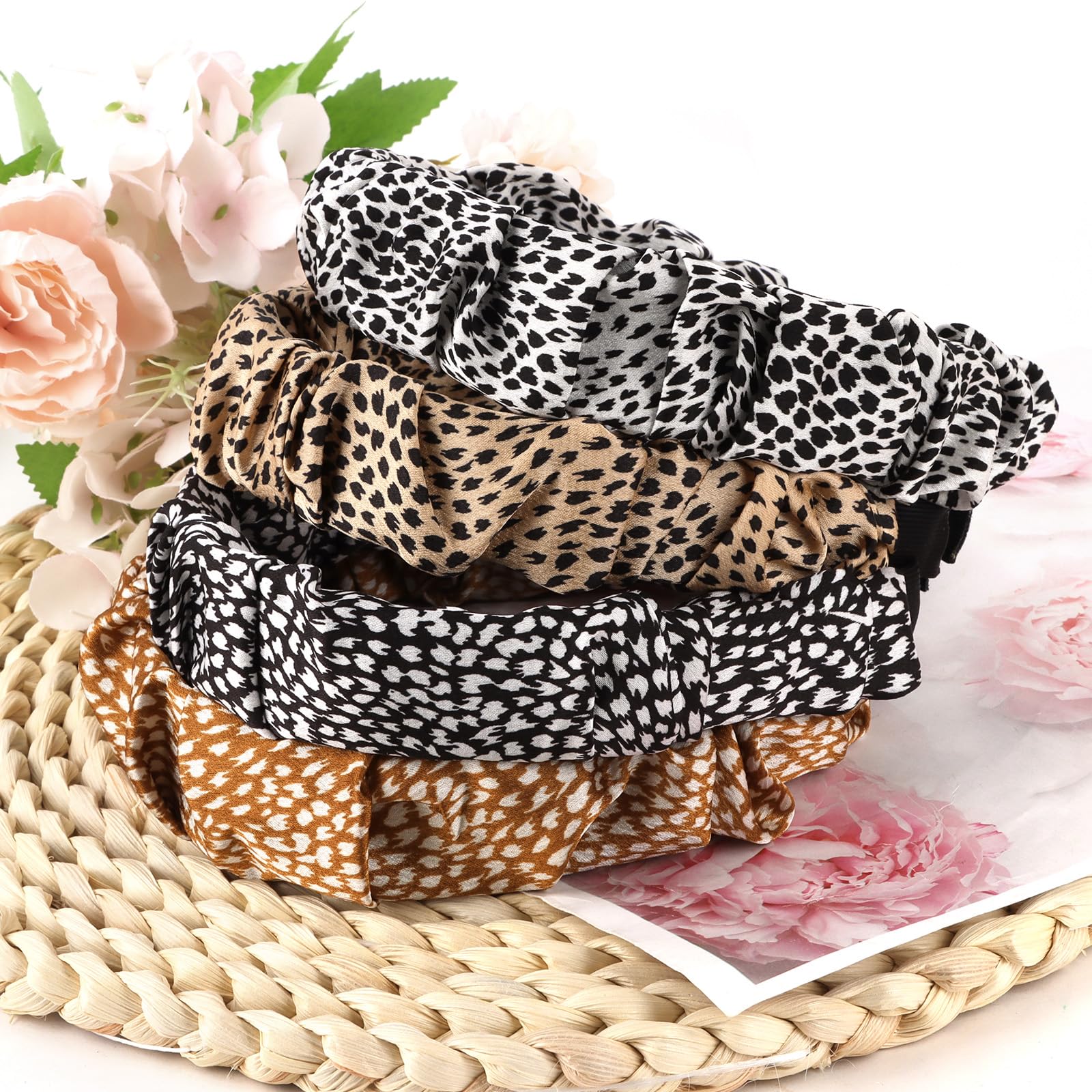 KEUKORZ Leopard Print Headbands for Women, 4Pcs Wide Knotted Leopard Fabric Soft Flower Hairbands Non-Slip - Image 4