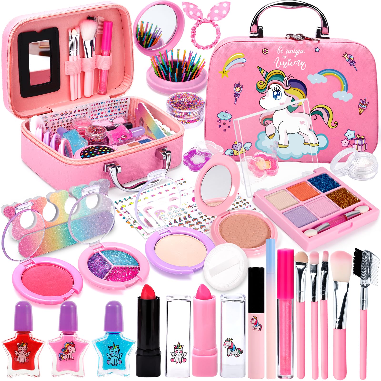 POWLYB Kit de Maquillaje Niñas- 38 PCS Lavable de Maquillaje, Juego de Maquillaje, Regalo de Princesa para Niñas, Juguete de Maquillajepara cumpleaños 3 4 5 6 7 8 9 10 Años