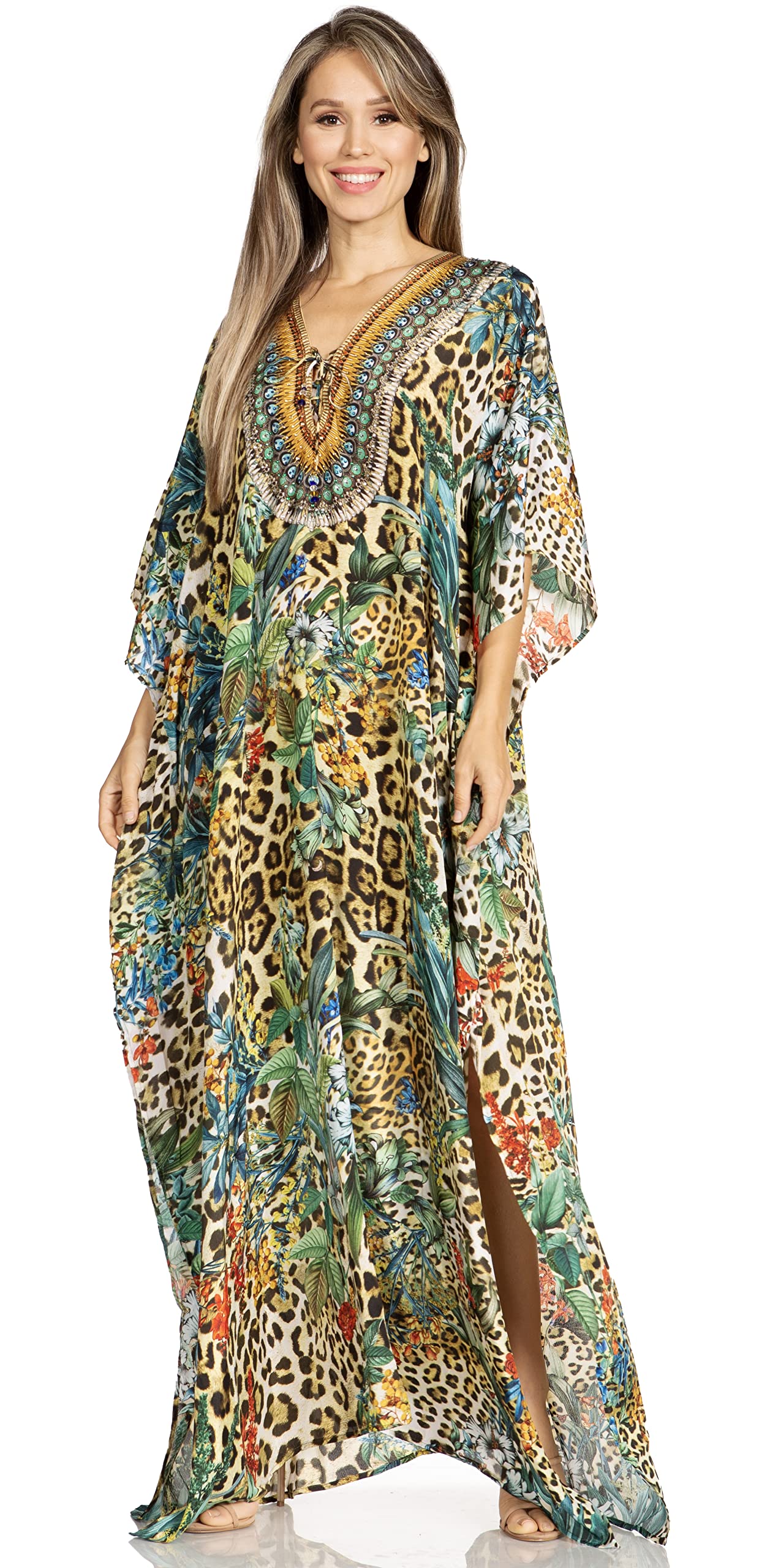 Sakkas Yeni Women's Short Sleeve V-Neck Summer Floral Long Caftan Dress Cover-up