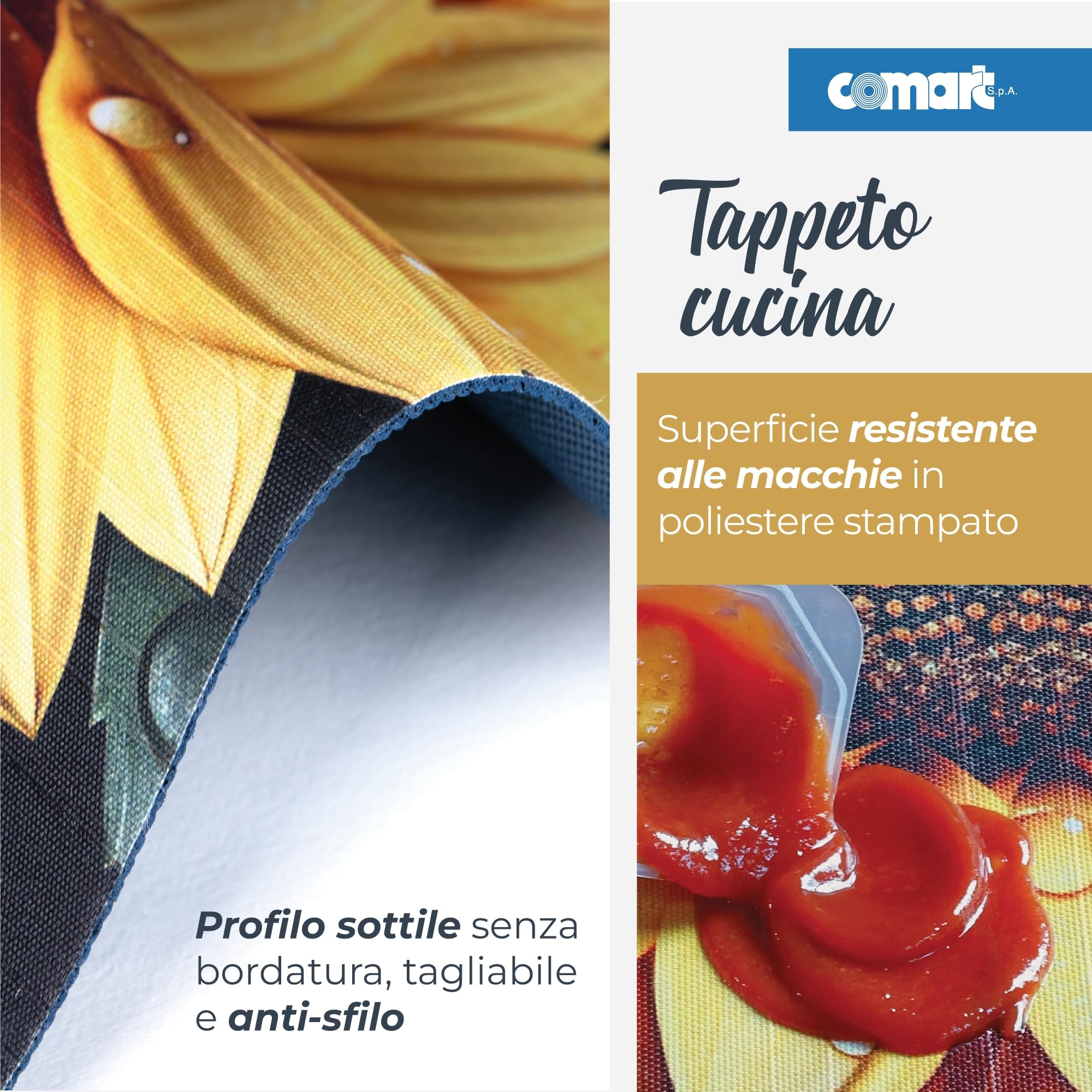 Comart - Tappeto Cucina Austin - Impermeabile - Antiscivolo - Antimacchia - Lavabile in Lavatrice - Passatoia in Poliestere - per Corridoio e Cucina - Made in Italy - Fiori Girasoli - 50x130 cm