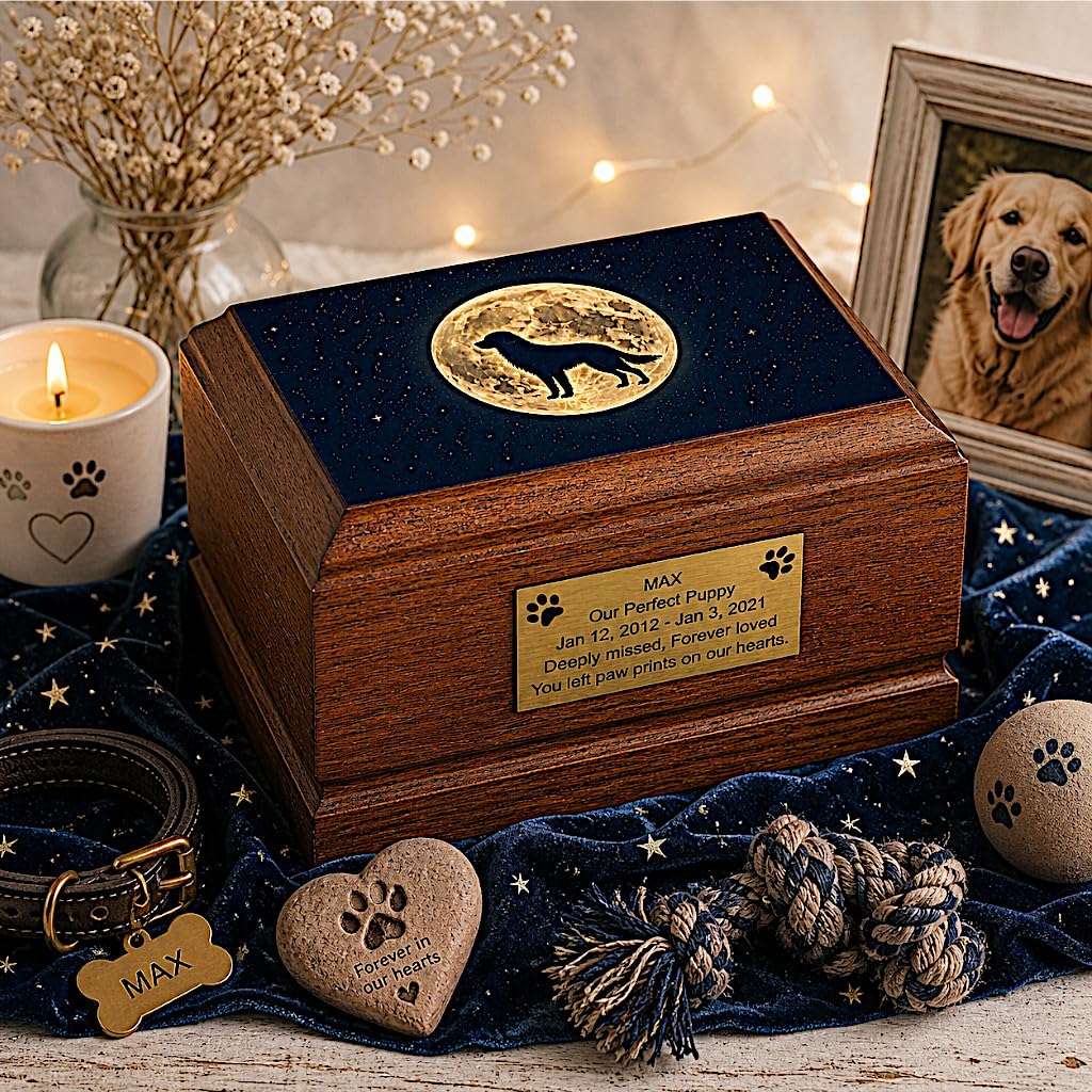Dog Cremation Urn for Ashes – Wooden Pet Urn with Moon & Dog Design