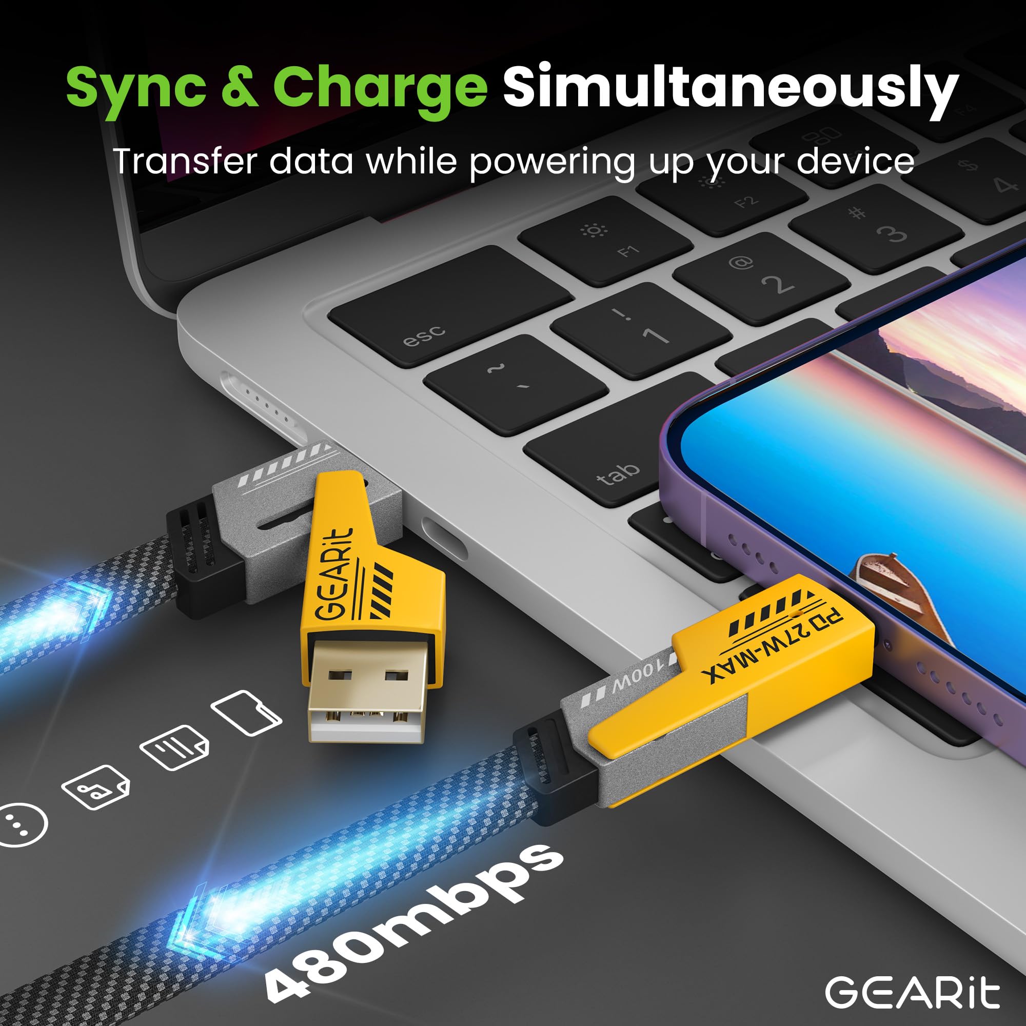 GEARit Câble de charge 4 en 1 100 W – Câble plat USB-C vers USB-C à charge rapide avec connecteurs USB-A et Lightning – Cordon universel multi-appareils – Compatible avec iPhone, MacBook Pro, 1 m