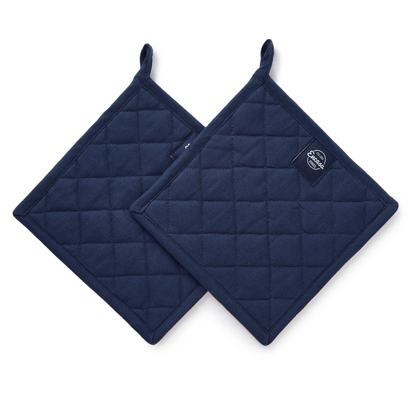 Encasa XO Heat Resistant Cotton Pot Holders With Hanging Loop - Set Of 2 - Scotch Blue - Multipurpose Quilted Everyday Hot Pad For Kitchen, Camping, BBQ & Microwave - 21 cm