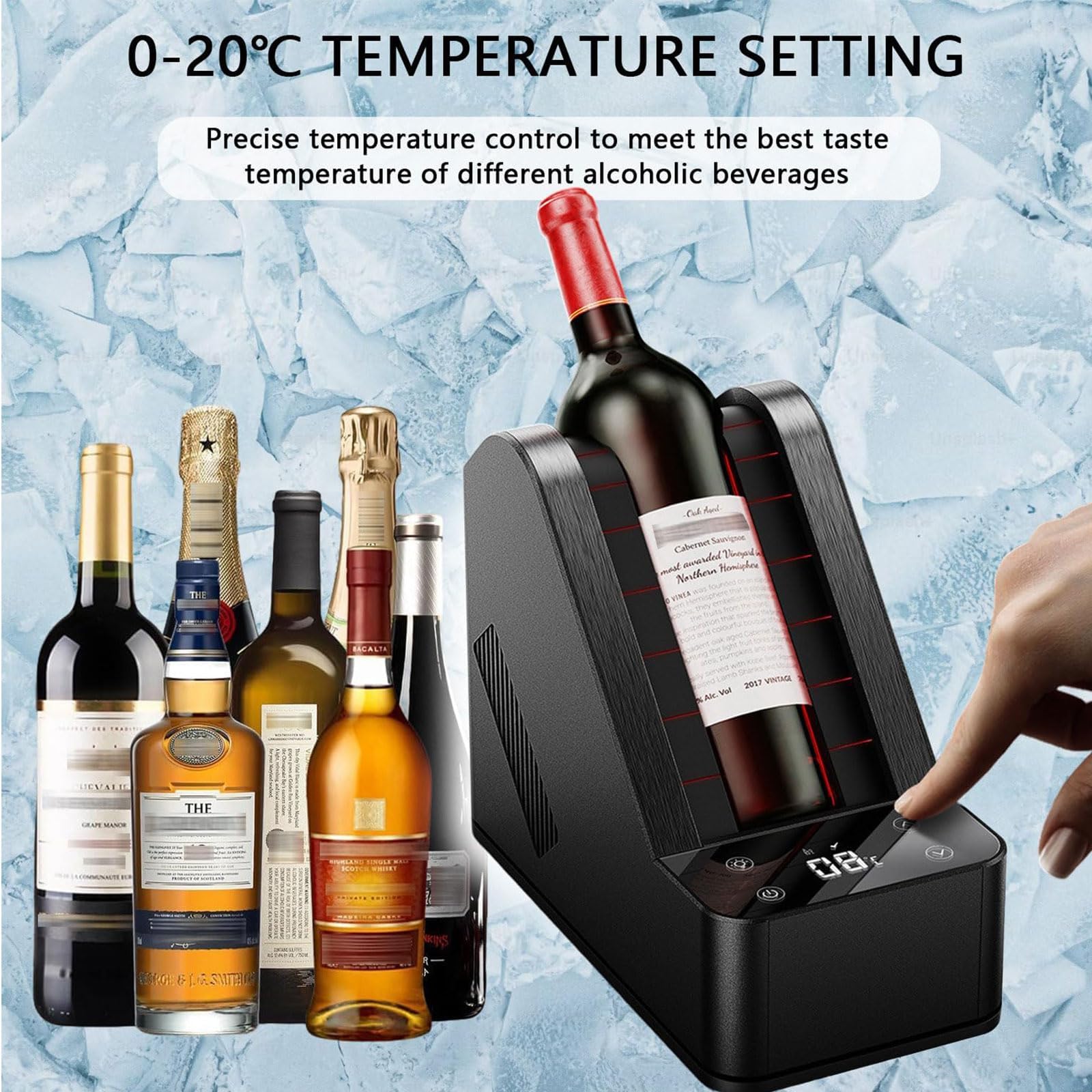 Enfriador de vino eléctrico, enfriador de botella individual de 750 ml, control de 5-20 °C, compartimento de 96 mm, pantalla LCD y refrigeración semiconductora sin hielo para vino tinto, blanco