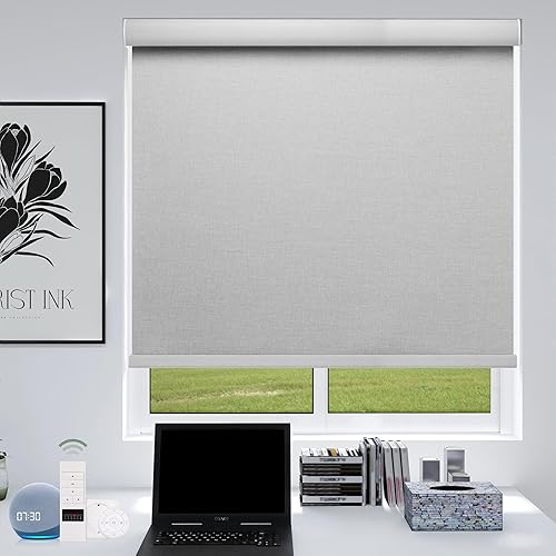 Miniatura 5 de Zshine Persianas enrollables motorizadas recargables de tela opaca con textura cruzada, tamaño personalizado para dormitorio, sala de estar (gris