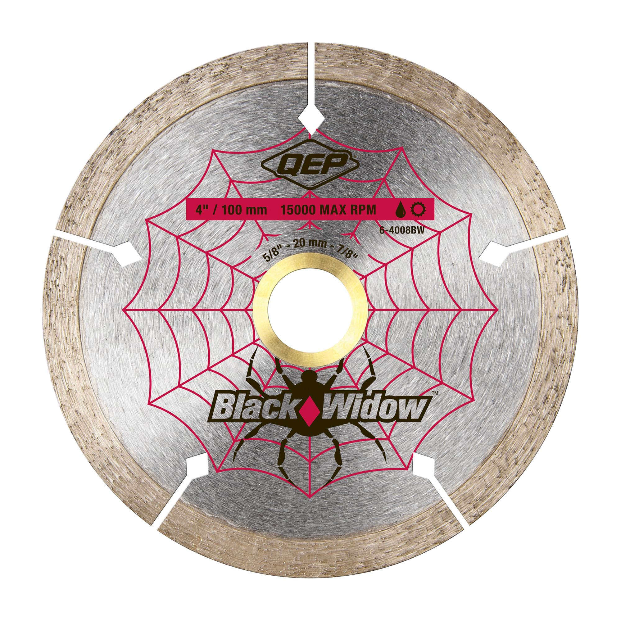 QEP 6-4008BW 4-Inch Black Widow Micro-Segmented Rim Diamond Blade, 5/8-7/8-Inch Arbor, Wet/Dry Cutting, 15000 Maximum RPM