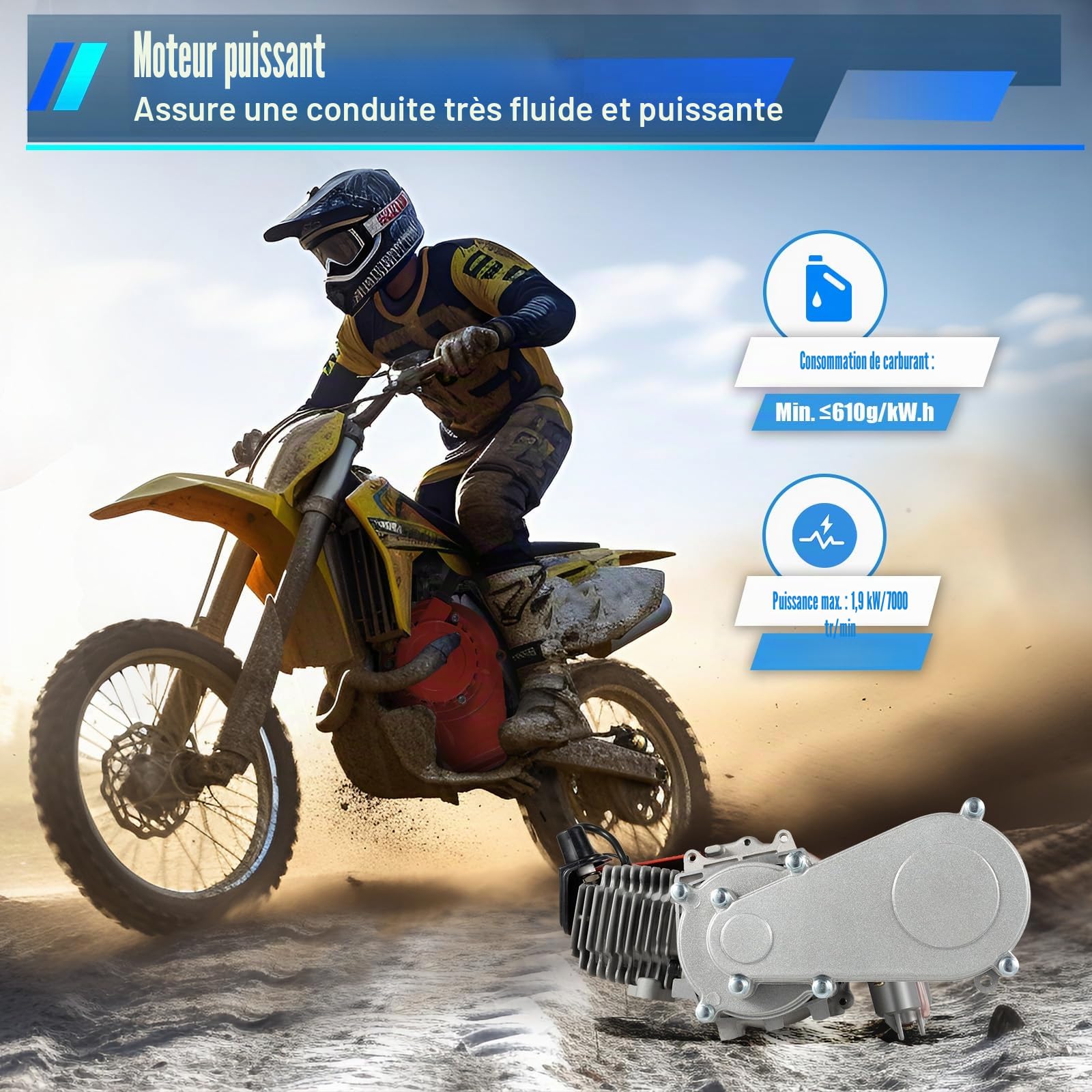 DIFU Pocket Dirt Bike Moteur 2 temps Mise à niveau Mini moteur Go Kart Essence Beach Bike ATV Engine 3 CV pour 49 cm³ 50 cm3