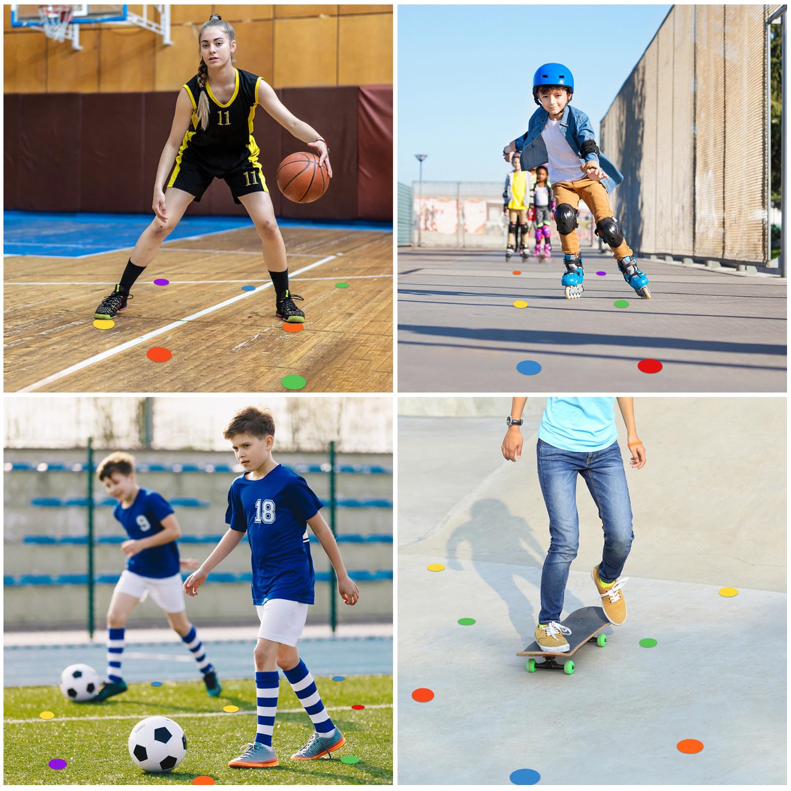 Marcadores de puntos de polietileno para piso de gimnasio, conos planos de 4 pulgadas, 24 puntos de goma antideslizantes para fútbol, baloncesto, deportes, entrenamiento de agilidad, actividades