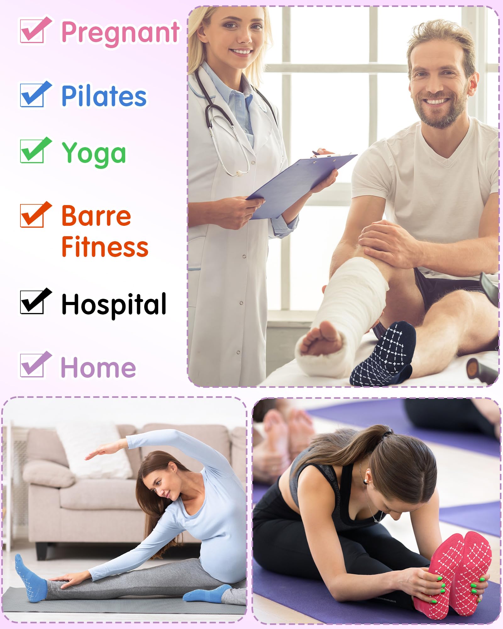 Vicenpal 45 pares de calcetines de yoga antideslizantes para mujeres y hombres, con patrón de pies, calcetines antideslizantes para hospital, barré, pilates, 15 colores