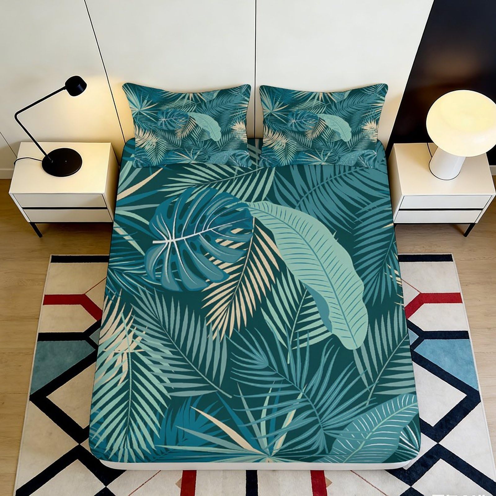3D Printed Tropical Leaf Fitted Sheet Microfiber Green Botanical Palm Bed Cover for Bedroom Guest Room Decor Protection 90x200x25cm
