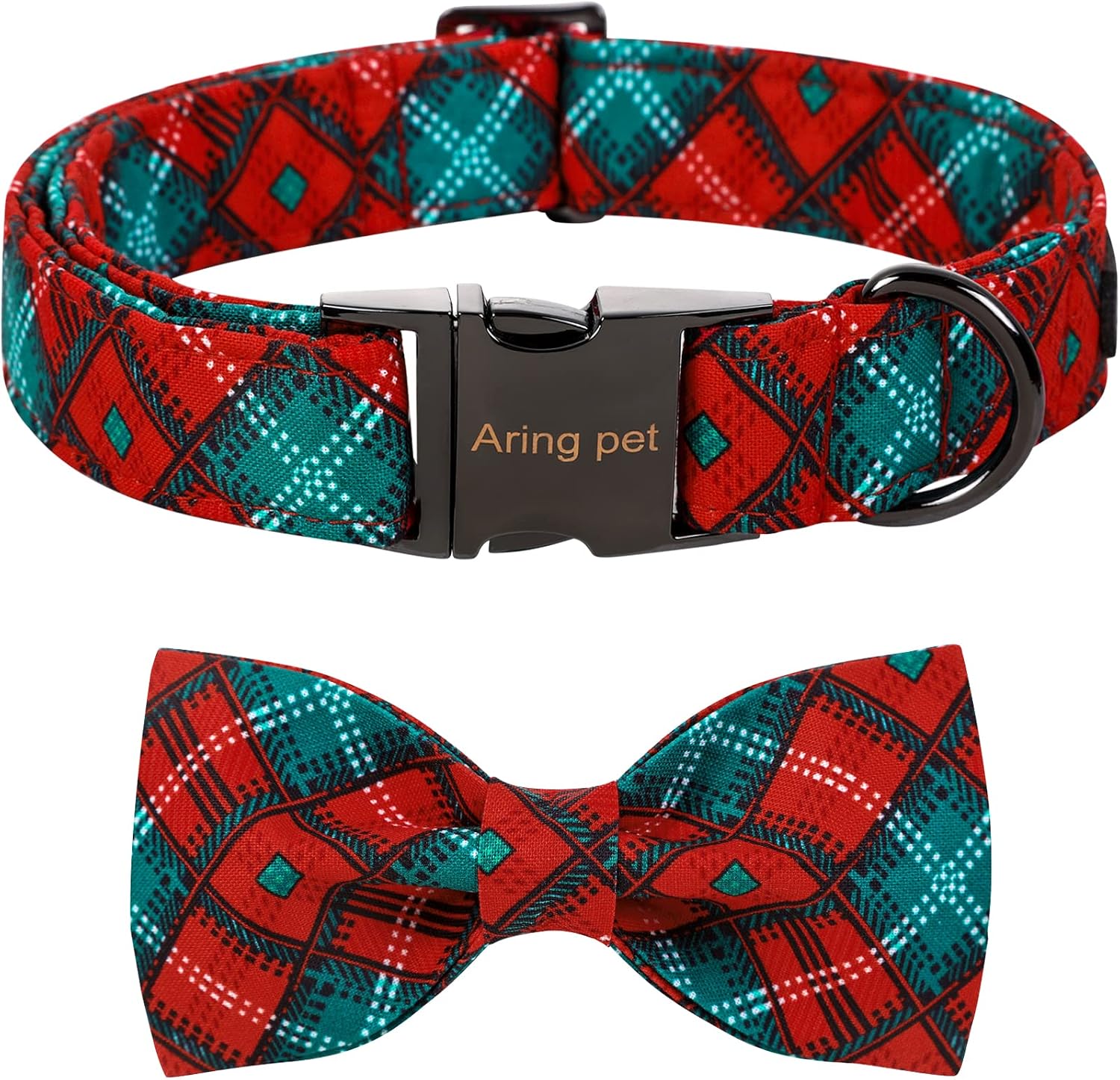 ARING PET Christmas Dog Collar, Cute Dog Collar with Bow, Adjustable Red&Green Plaid Bowtie Dog Collar with Metal Buckle for Small…