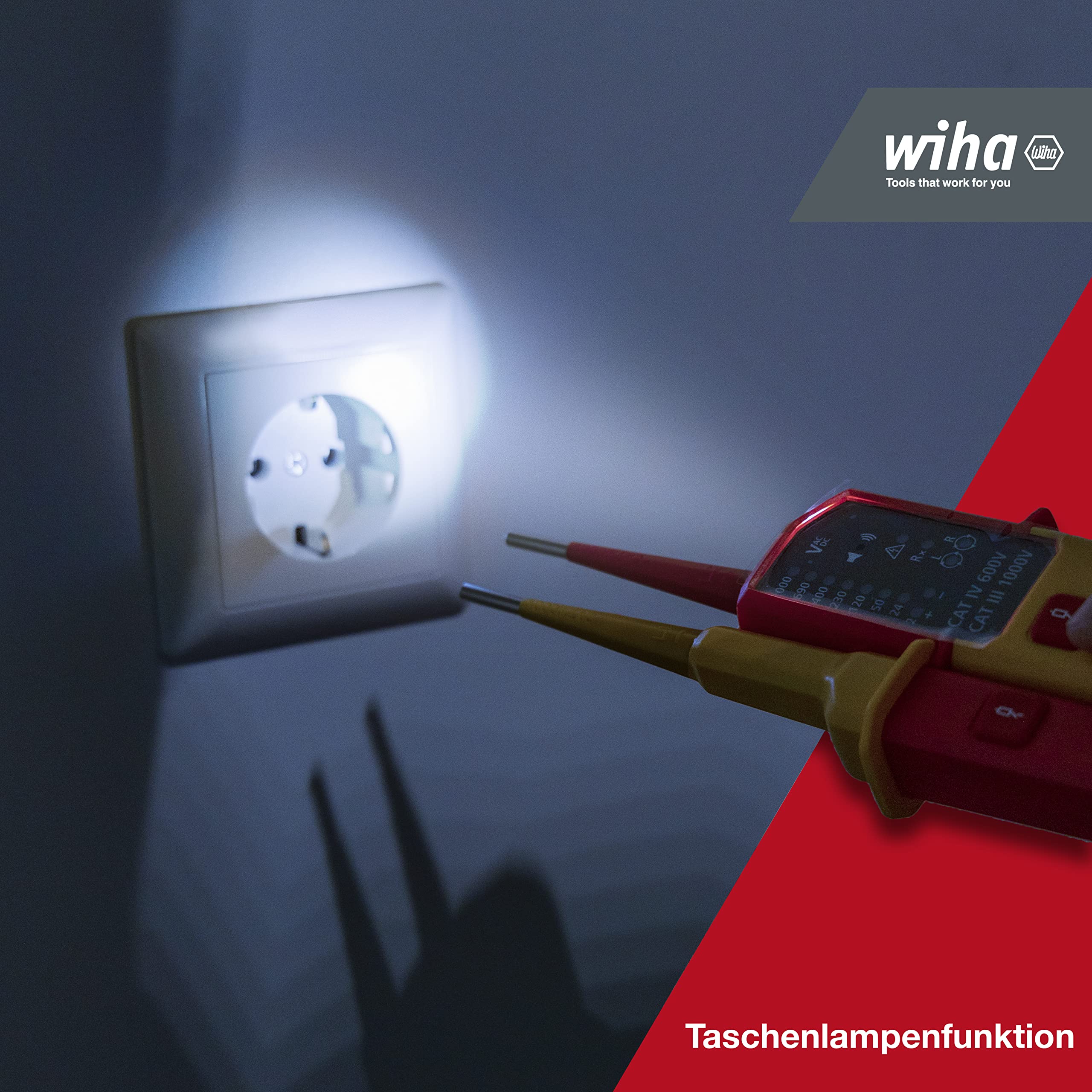 Wiha Voltage and continuity tester 12-1.000 VAC/1500 VDC - CAT IV (45216), rojo y amarillo | (45216) CAT IV incl. 2 pilas AAA I indicador LED I comprobador bipolar I aparato de medición electrotécnica