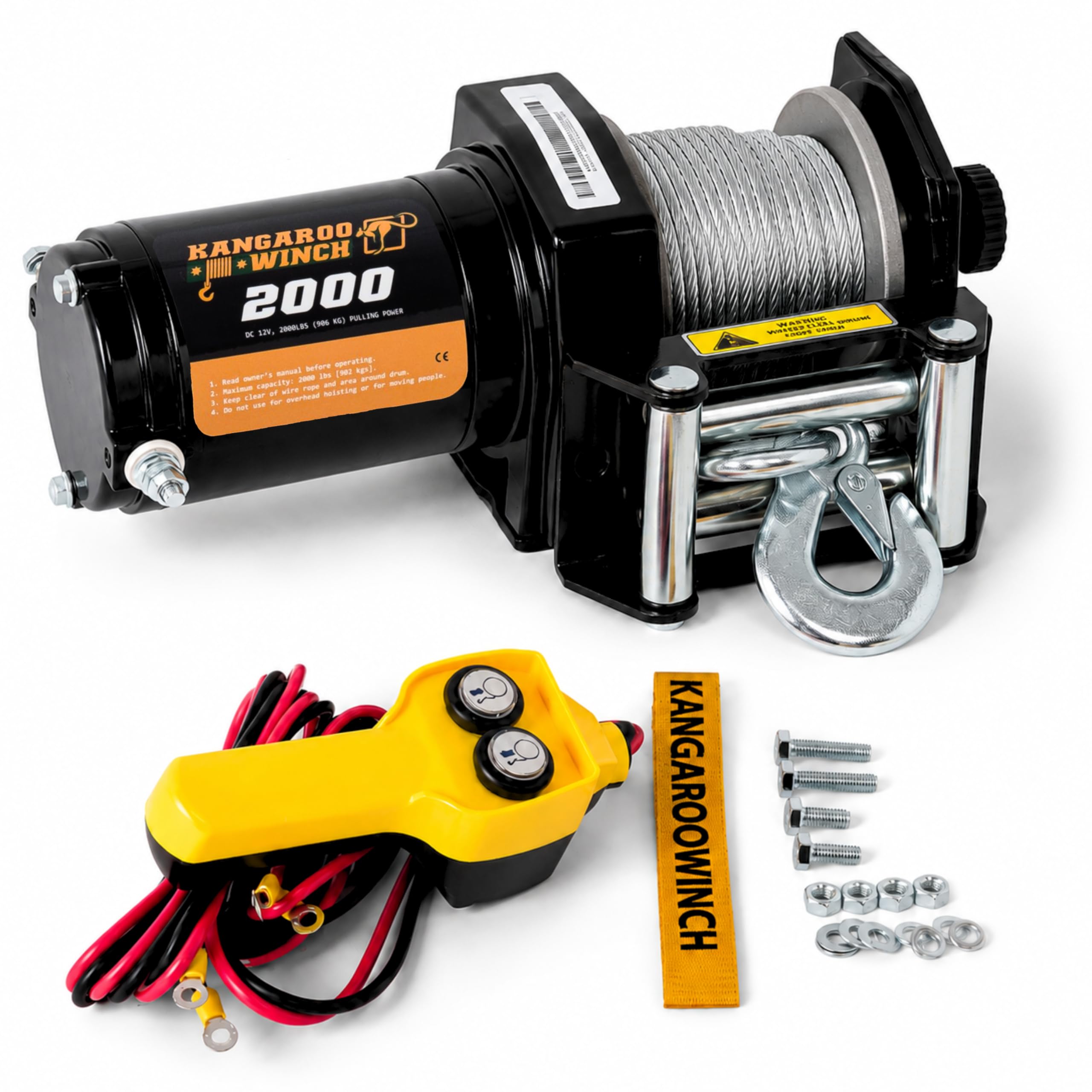 Elektrische Seilwinde 12V - 2000 LBS / 906 kg Zugkraft - Ideal für ATV, Quad und Offroad Einsätze - Robuste Konstruktion - Inklusive Stahlseil und Praktischer Kabelfernbedienung (K2000)