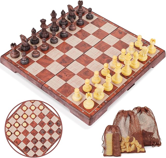 Peradix 2 in 1 Chess & Checkers Game Set Magnetic Chess Pieces with 3 handy storage bags, 30x30cm Chess set with Portable Folding Board for Kids from 6 years and Adults
