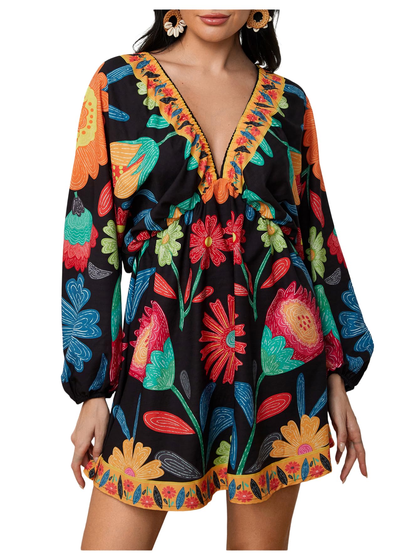 Women's Tropical Floral V Neck Short Dress Flowy Boho Dresses