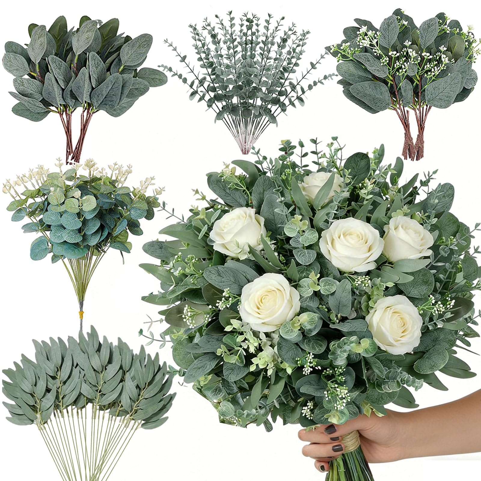 HUAHUA 140 foglie di eucalipto artificiali, 5 tipi misti, foglie di eucalipto finte, per bouquet fai da te, centrotavola, composizioni floreali, decorazioni per la casa e matrimoni