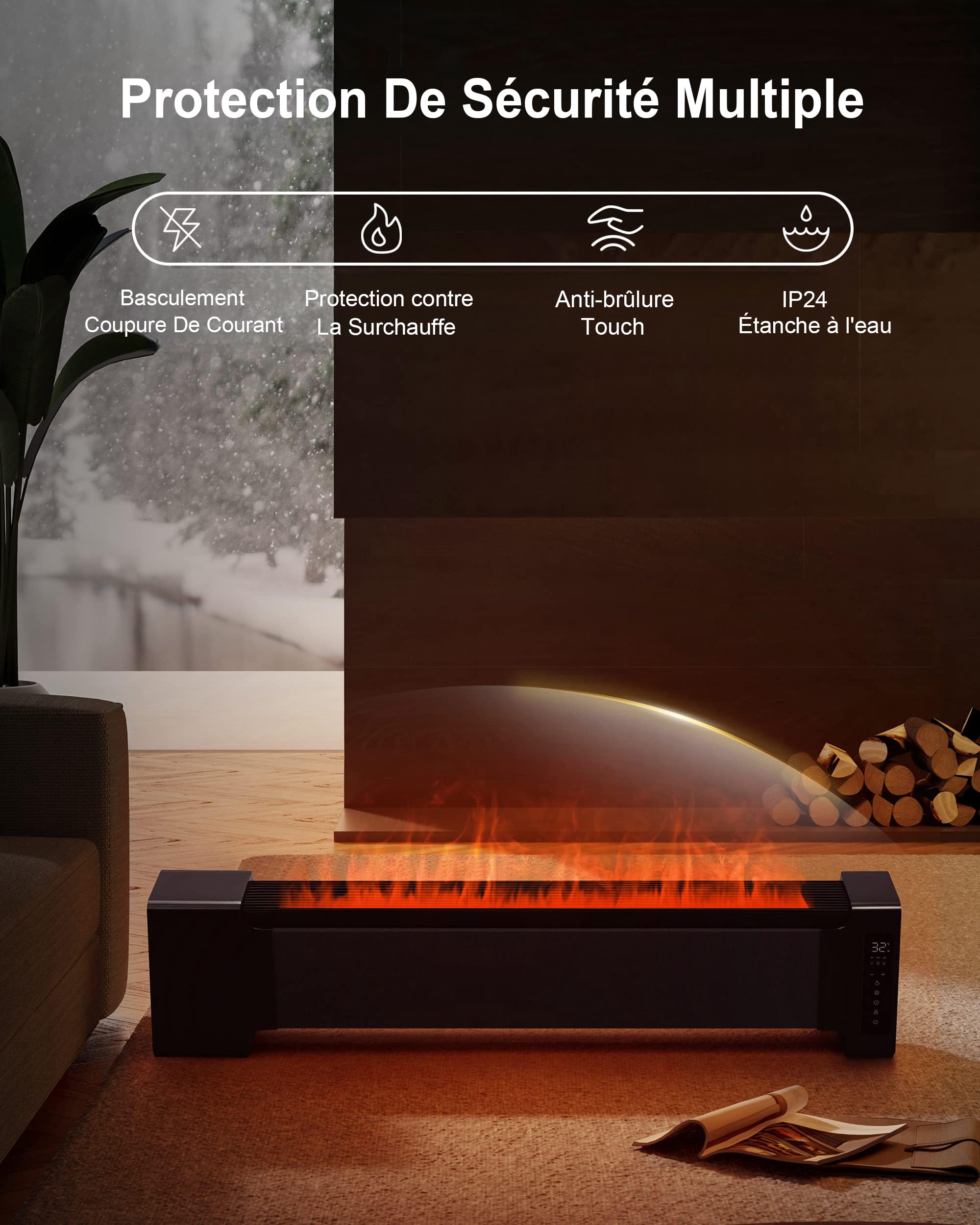Airmate Grande Plinthe Cheminée Electrique 45" et Humidificateur 2 en 1 avec Télécommande, Chauffage Silencieux pour Grandes Pièces avec Flamme Réaliste, Commande Tactile LED 2000W
