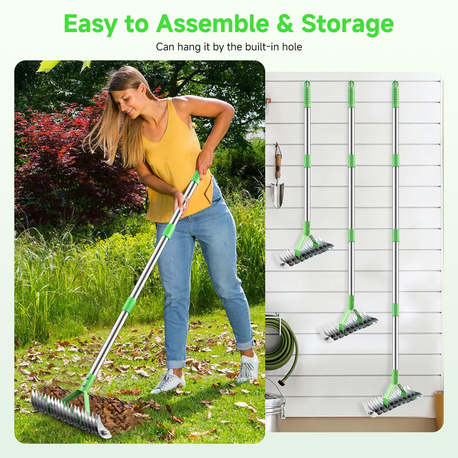 Rastrillo de paja para césped, rastrillos de jardín con mango ajustable de 160 cm con 21 dientes, rastrillo de jardín de 32 cm de ancho, resistente, rastrillos de césped para aflojar el suelo, césped
