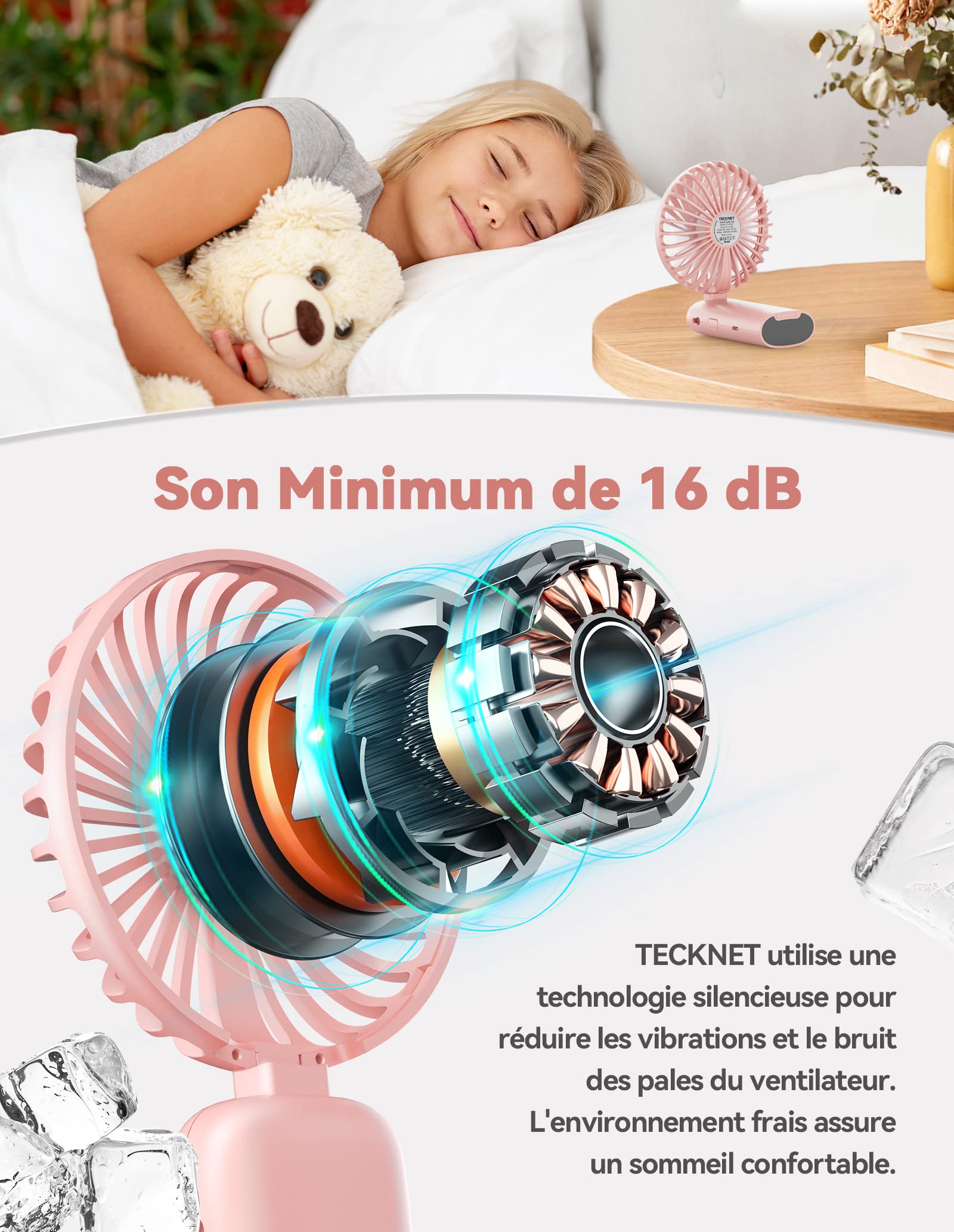 Ventilateur Main Rechargeable 5200mAh - 3 Vitesses + Batterie Portable - Rose Pour Voyage