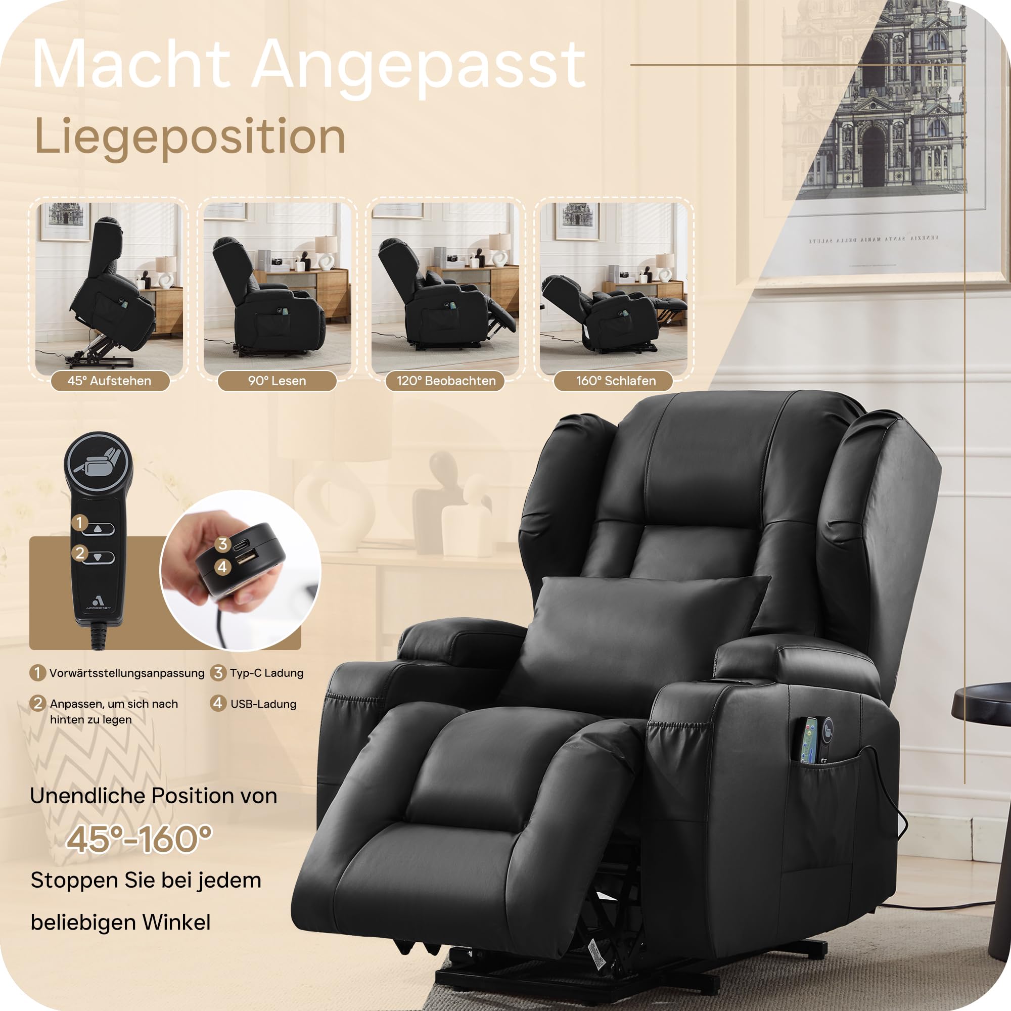Elektrisch Verstellbar Relaxsessel Fernsehsessel mit Liegefunktion Aufstehhilfe, Kunstleder Seniorensessel TV Sessel Kinosessel mit Massage Heizung (Schwarz, 1 Aufstehsessel)