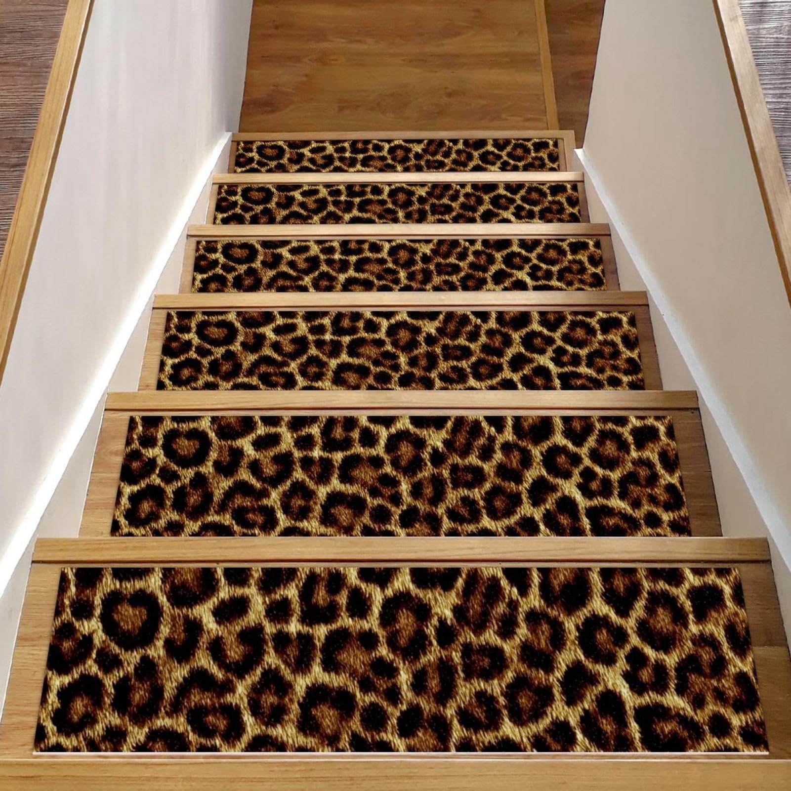 CHENZZZZ 15 brown leopard print Stair Treads Carpet Non-Slip Safety Runner Rug for Wooden Steps Indoor Resistant Mat for Kids Dogs