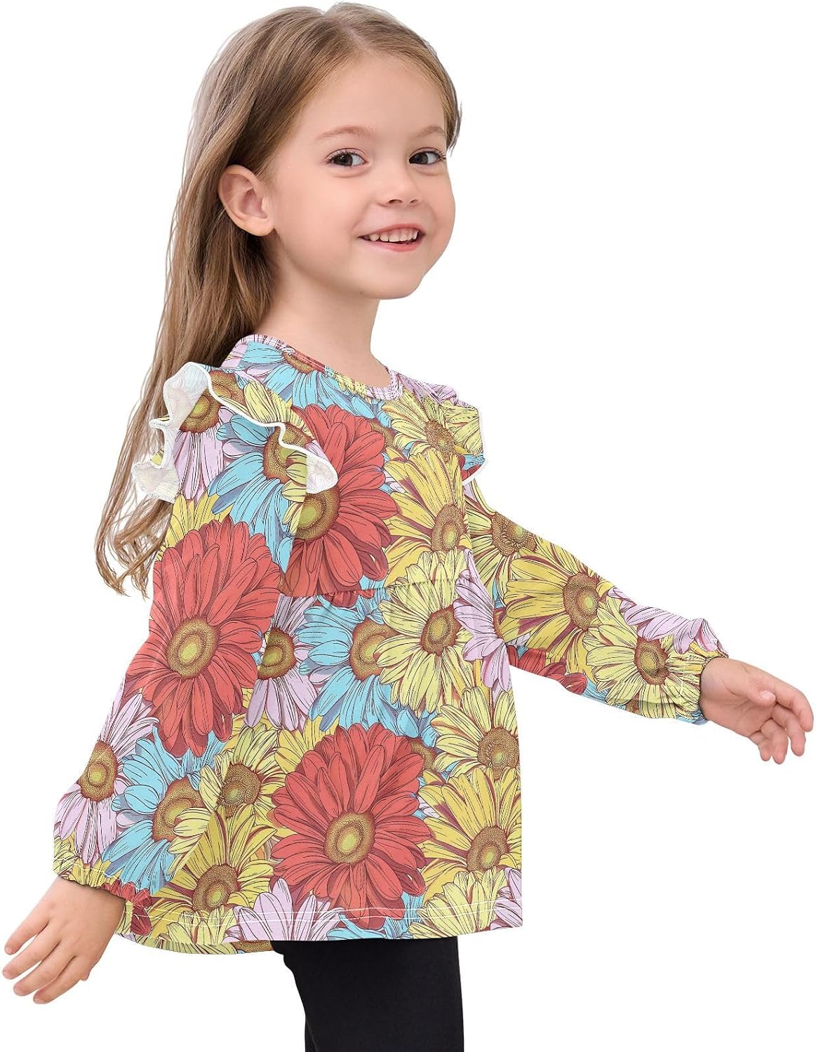 visesunny Toddler Clothes for Girls Colorful Gerbera Pattern Long Sleeve Fall Shirts Cotton Top with Ruffle Collar