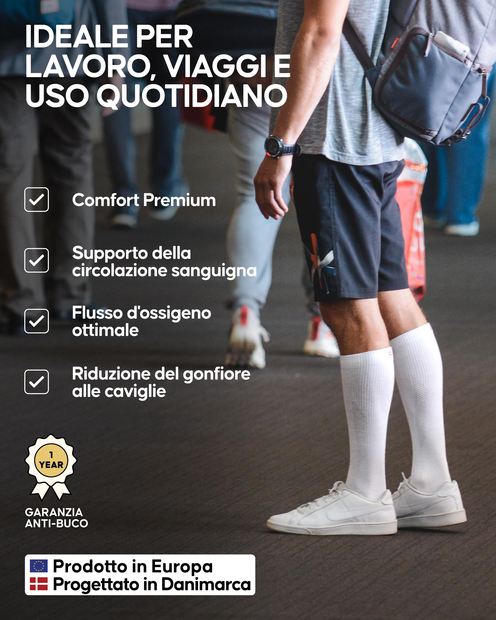DANISH ENDURANCE Calze di Contenimento in Cotone Biologico 14-18 Mmhg, Lavoro, Sport, Recupero, Uomo e Donna, 3 Paia