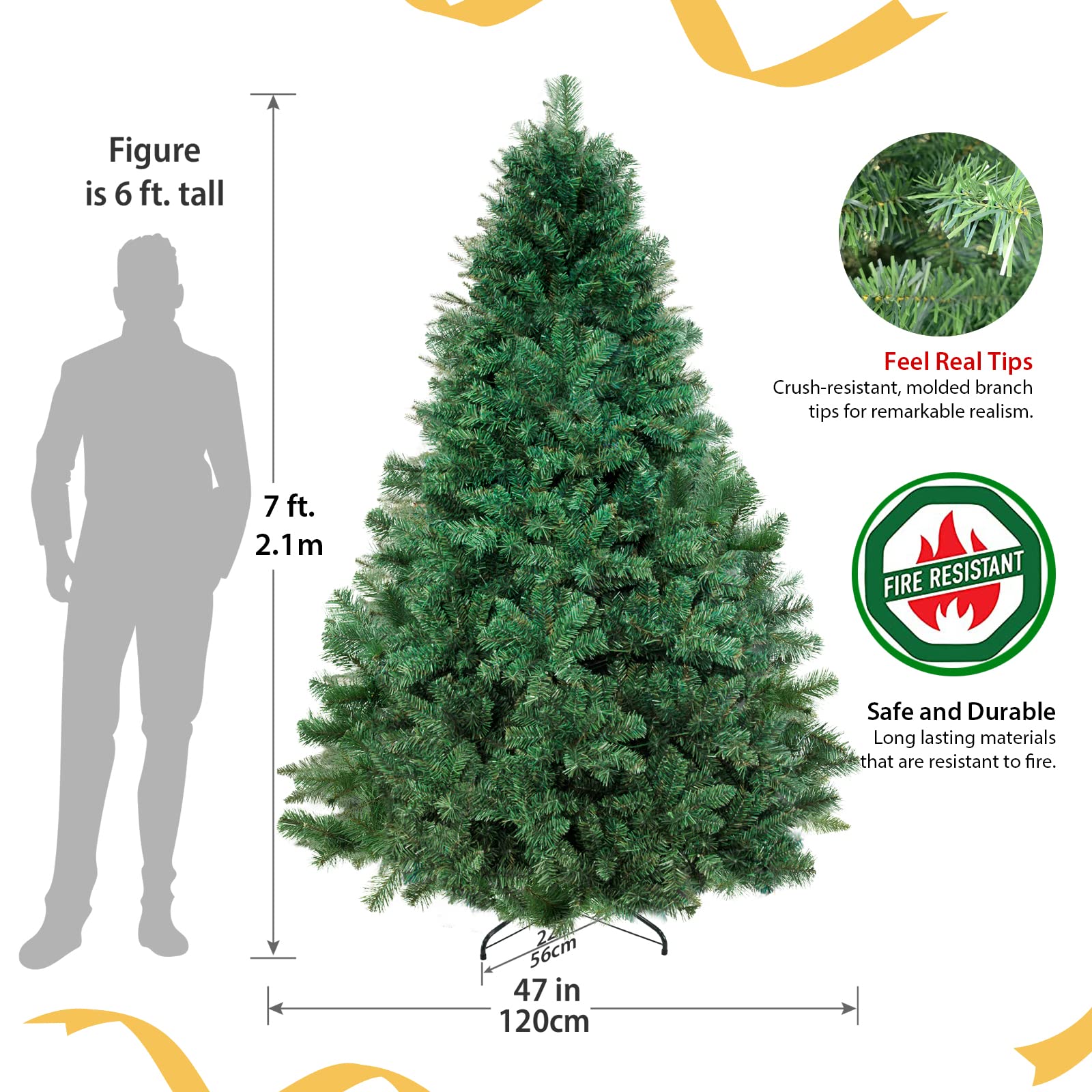 JOY SPOT! 7 FT Spruce Artificial Holiday Green Christmas Tree, 1700 Branch Tips, Metal Stand, Party Decoration for Home, Office, Perfect Choice for Xmas Decoration