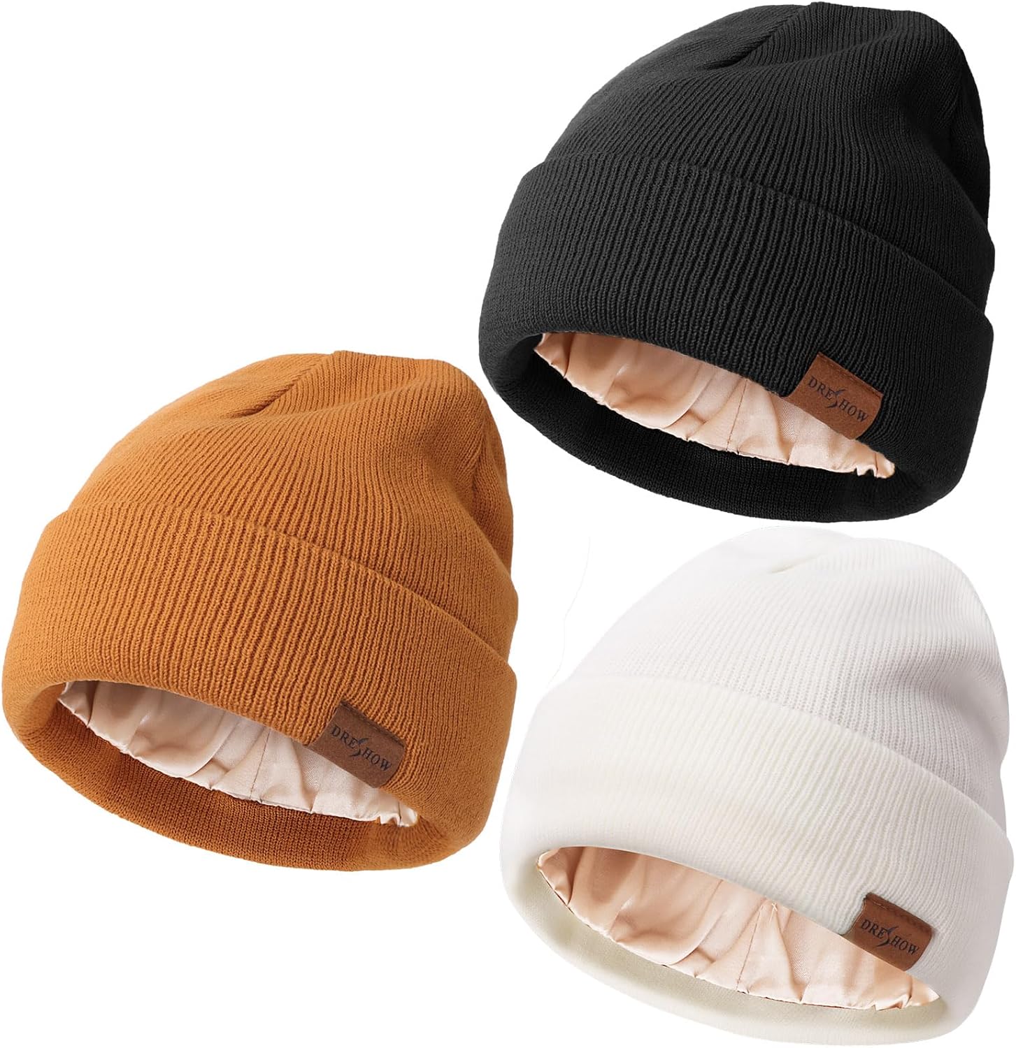 DRESHOW Womens Satin Lined Beanie Warm Winter Beanies Hat Silk Beanie Caps Cuffed Hat Soft Unisex Solid Skull Cap