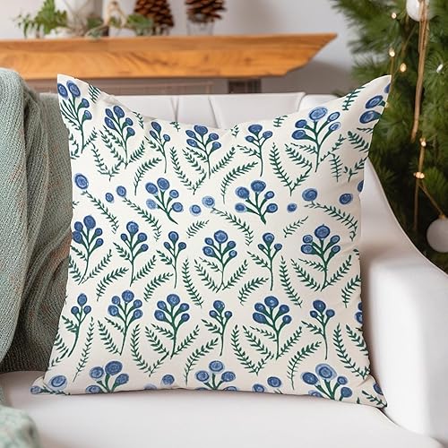 Miniatura 5 de Cojín de cojín de flor de loto verde y azul pavo real, diseño botánico floral azul, funda de almohada oriental de lino chinoiserie para sala de