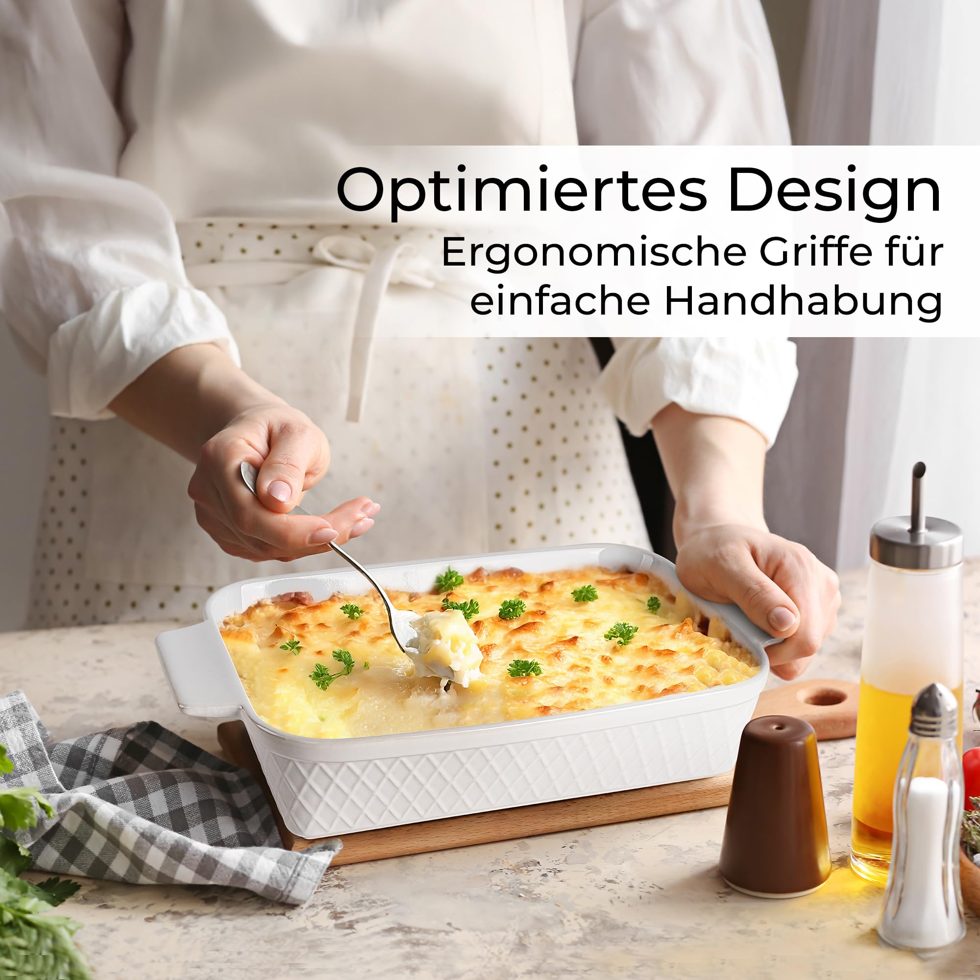 MIAMIO - Auflaufform Keramik, 3er Auflaufform Set - Palmanova (Weiß) | Auflaufformen-Set 3-teilig/Rechteckige Backform aus Keramik, stapelbares 3-teiliges Backformenset - spülmaschinen- & ofenfest