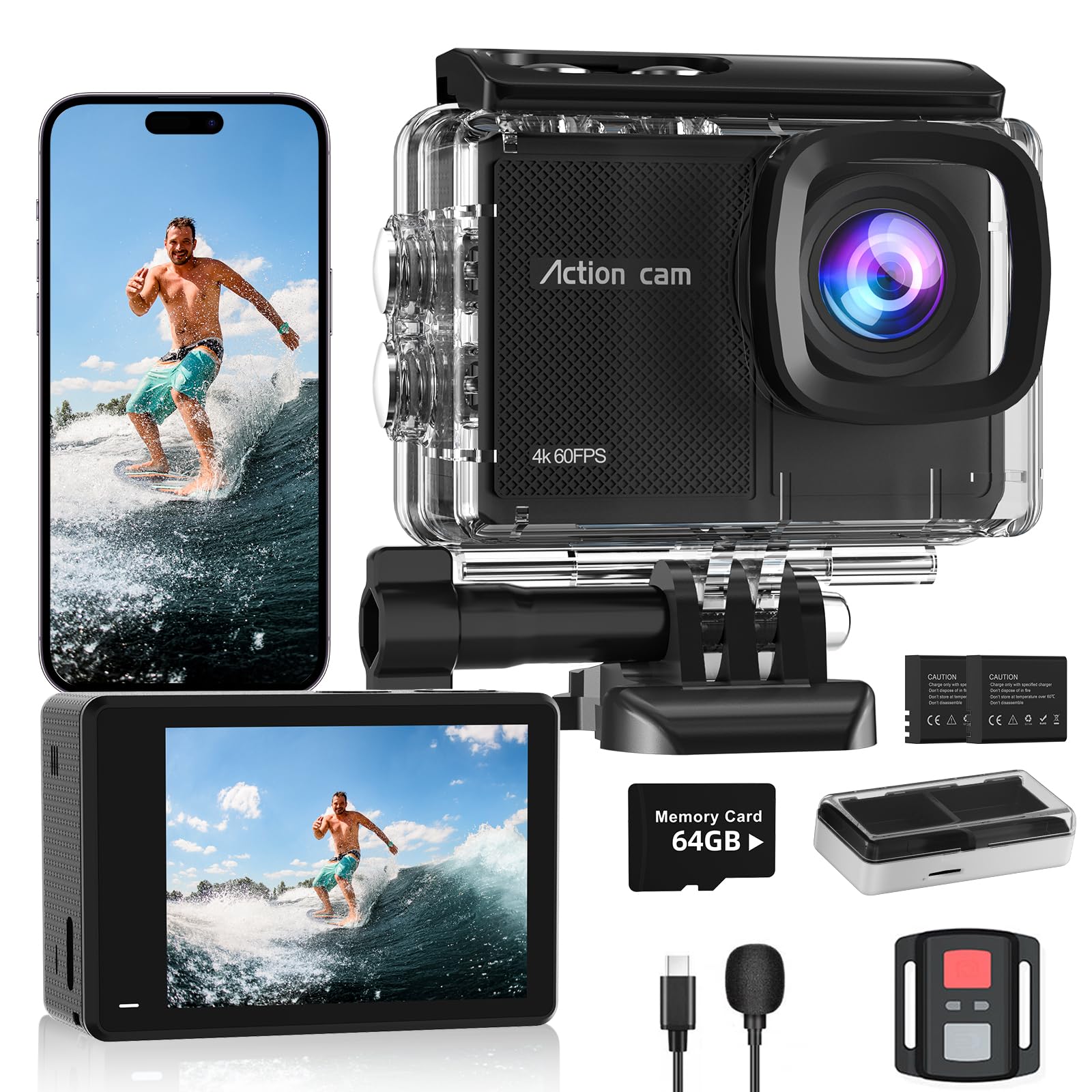 Camlance 4K 60FPS Action Camera with 64GB Card