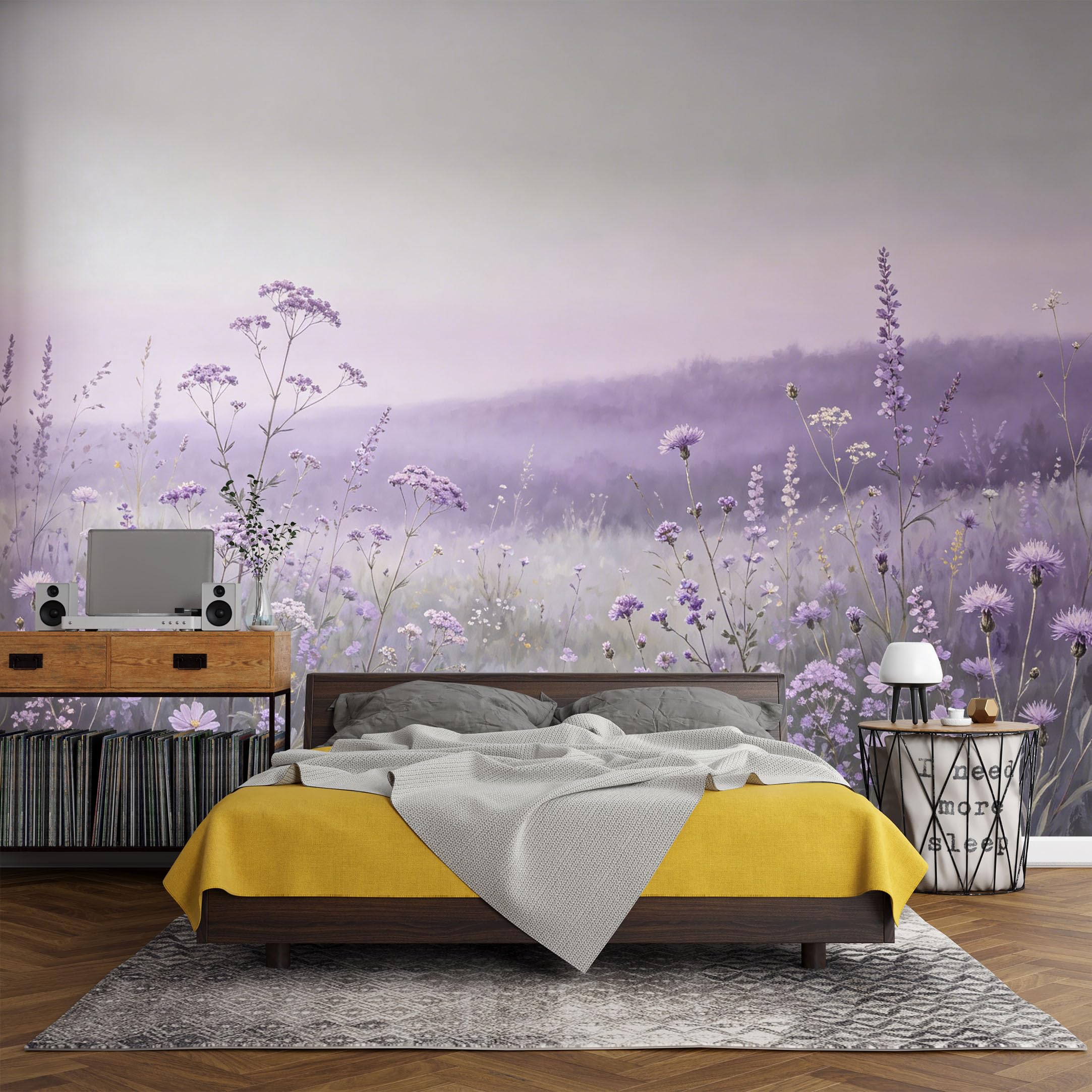 Custom Size Wall Mural， Botanical Lavender Field Misty Meadow Pastel Floral Landscape，SelfAdhesive Art Prints wall Fabric (No PVC) Removable Wallpaper Living Room Decor