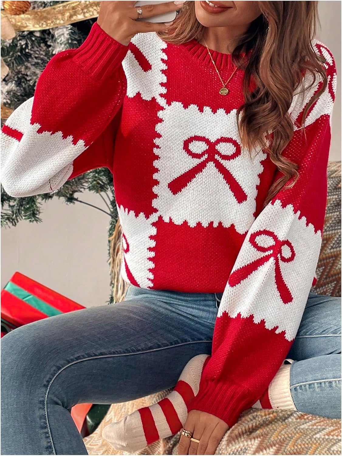 Milumia Women's Cute Bow Sweater Color Block Crewneck Long Sleeve Fall Winter Knitted Pullover Tops - Image 5